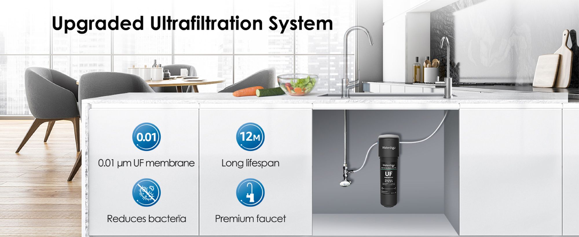 Waterdrop 10UB-UF Untertischwasserfilter zur Baçt-rienreduzierung, NSF/ANSI 42 , 0,01μm Ultrafiltration, mit Spezialhahn