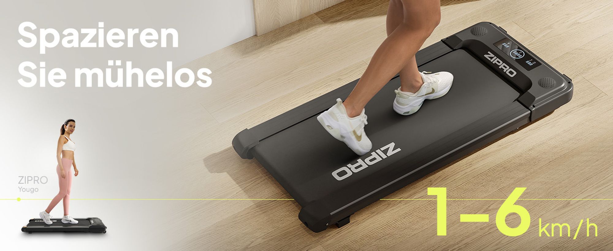 Zipro Laufband Yougo – Elektrisches Walking Pad für Home Office & Zuhause Ultra Flach für unter das Bett Fernbedienung & Bluetooth