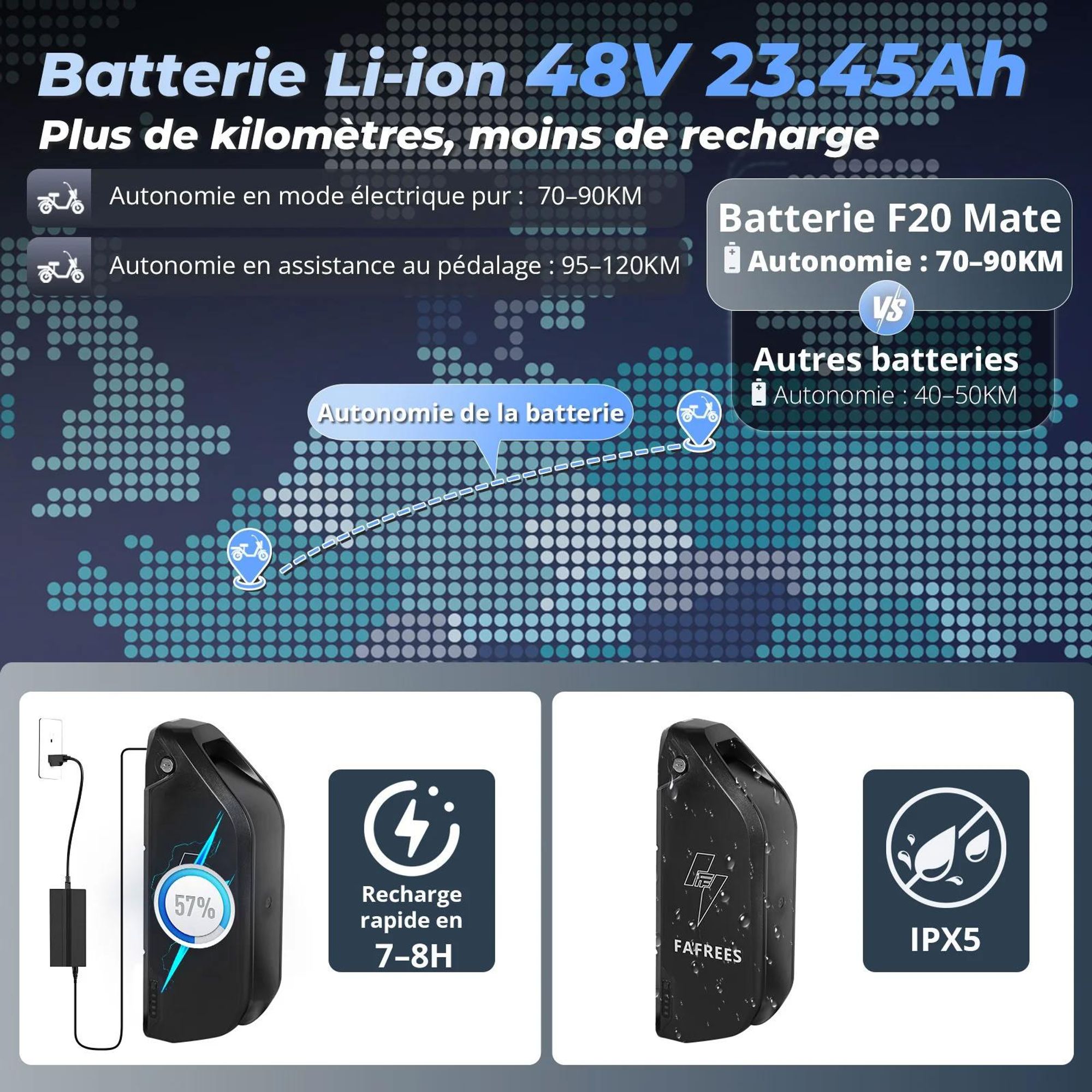FAFREES F20 Mate Triporteur Électrique - Batterie 48V23.45AH Siège Dossier Freins Hydrauliques - Gris bleu