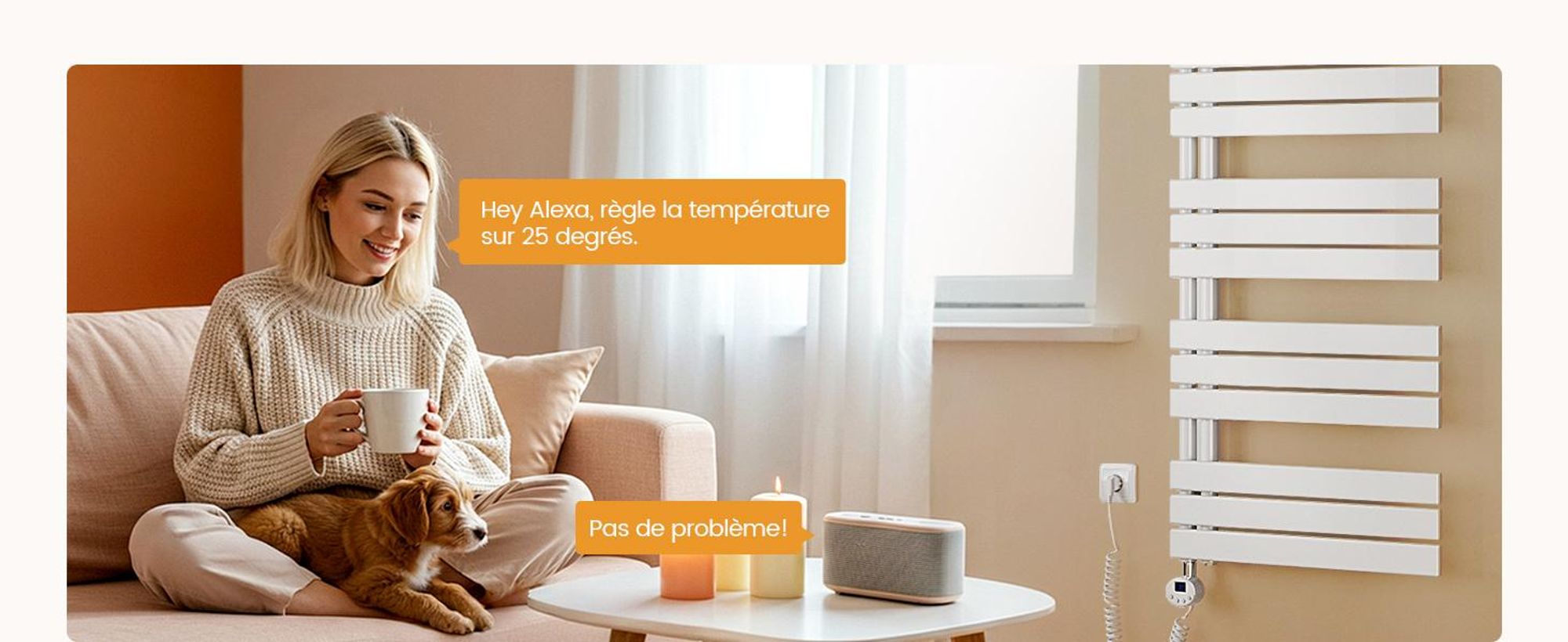 Radiateur de salle de bain EMKE électrique avecvia application Wi-Fi Thermostat Sèche-serviettes 762 x 400 mm Blanc Porte-serviettes 400 W Sèche-serviettes