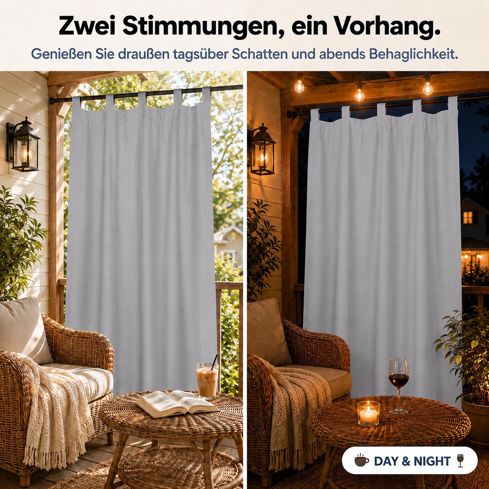 2Stk Outdoor Vorhang Wasserdicht mit Klettverschluss Schlaufen - Hellgrau Thermovorhang Blickdicht Garten Terrasse Pergola Balkon B*H: 132x241cm