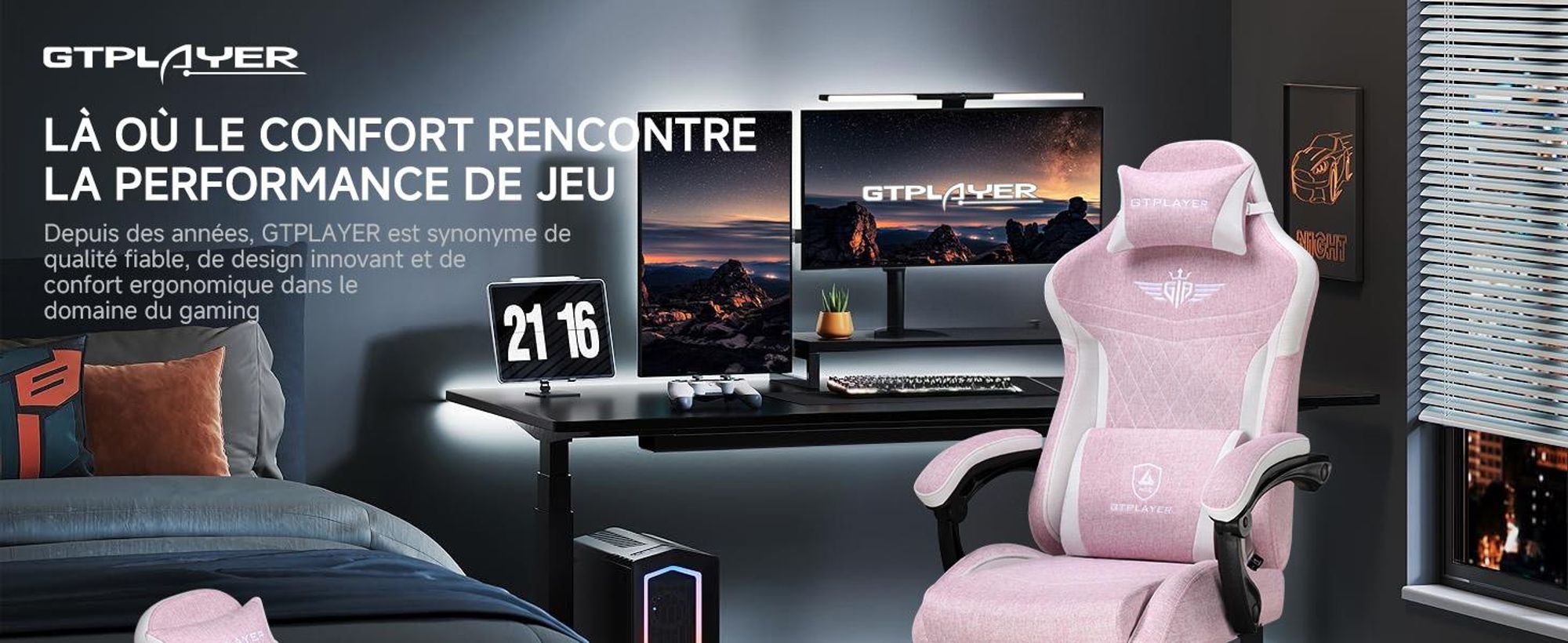 Chaise de jeu GTPLAYER, Chaise de jeu ergonomique en lin avec soutien lombaire, Chaise PC avec dossier élargi, supporte jusqu'à 150 kg, Rose