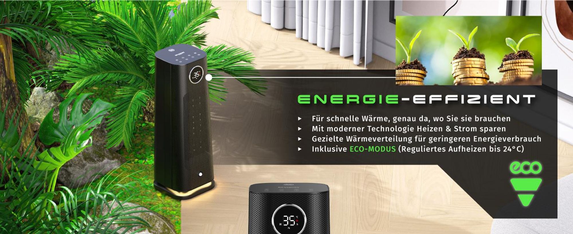 Brandson Keramik Heizlüfter 2000 W mit Bewegungssensor, energieeffizient mit ECO-Modus