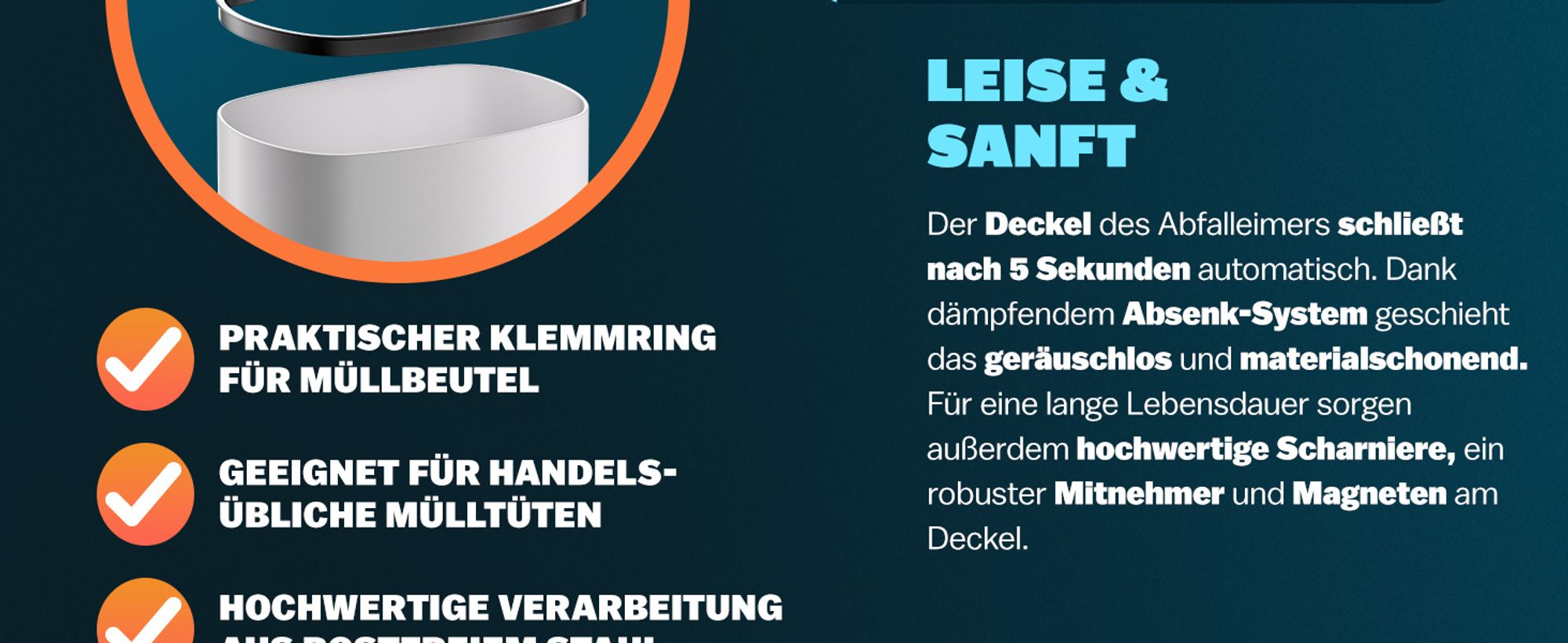 MONZANA® Mülleimer mit Sensor Küche 50L Edelstahl Automatik Deckel Klemmring inkl. USB-Kabel Abfalleimer Groß Papierkorb LED Anzeige, Farbe:schwarz
