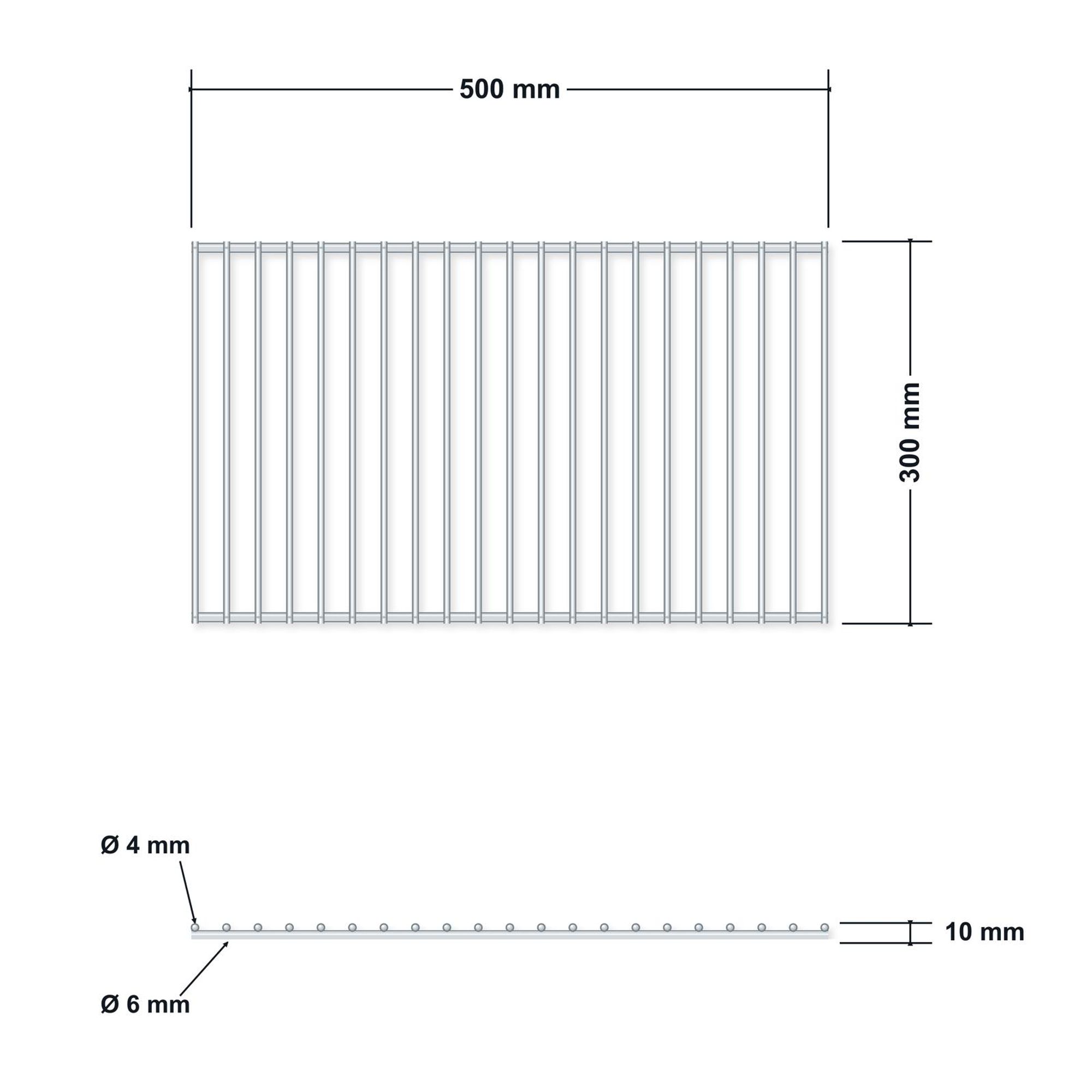 DEOS Universeller rahmenloser Grillrost aus Edelstahl 50 × 30 cm ohne Holzgriffe – technische Zeich…