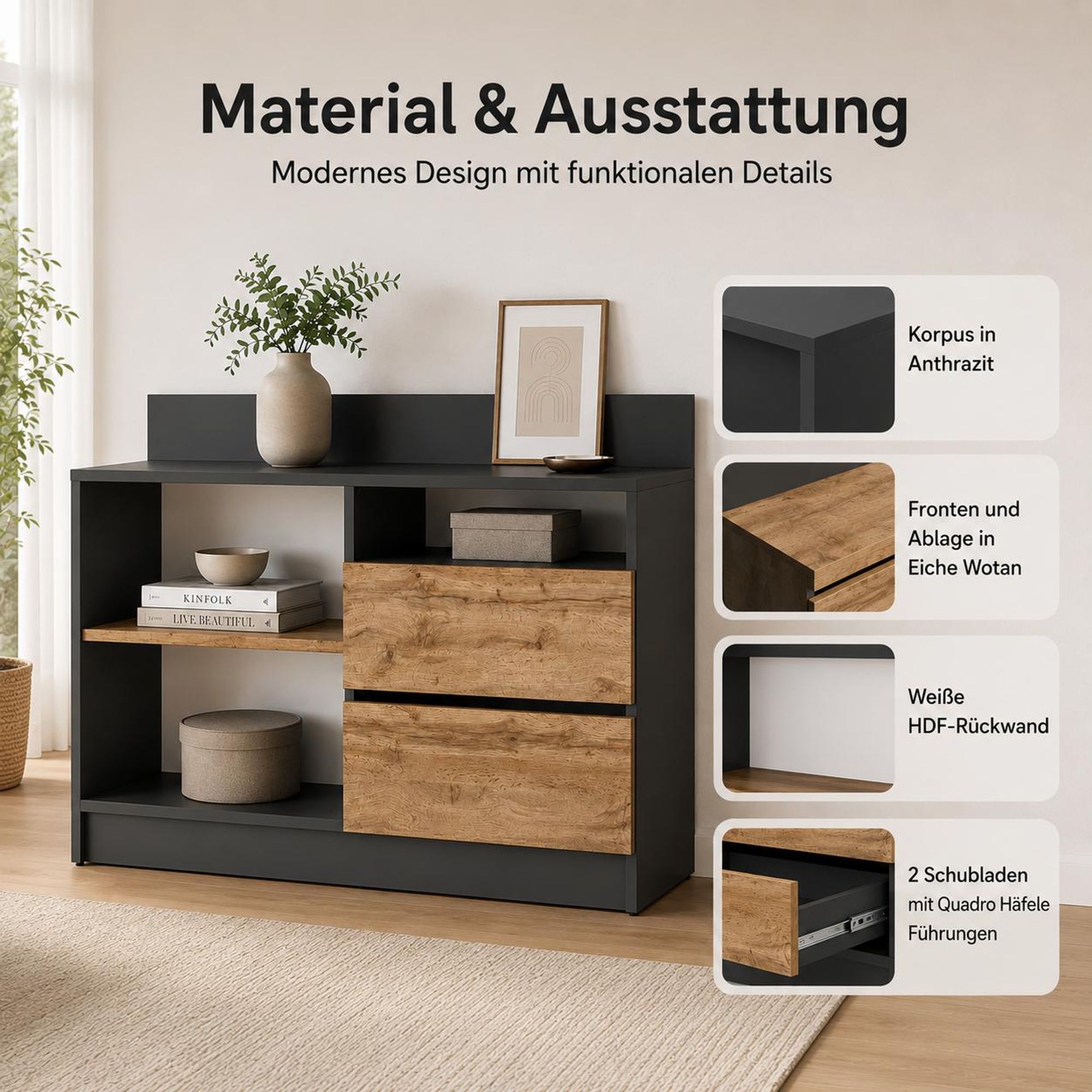 Kommode mit geöffneten Schubladen in Eiche Wotan und Fächern für Dekoration.