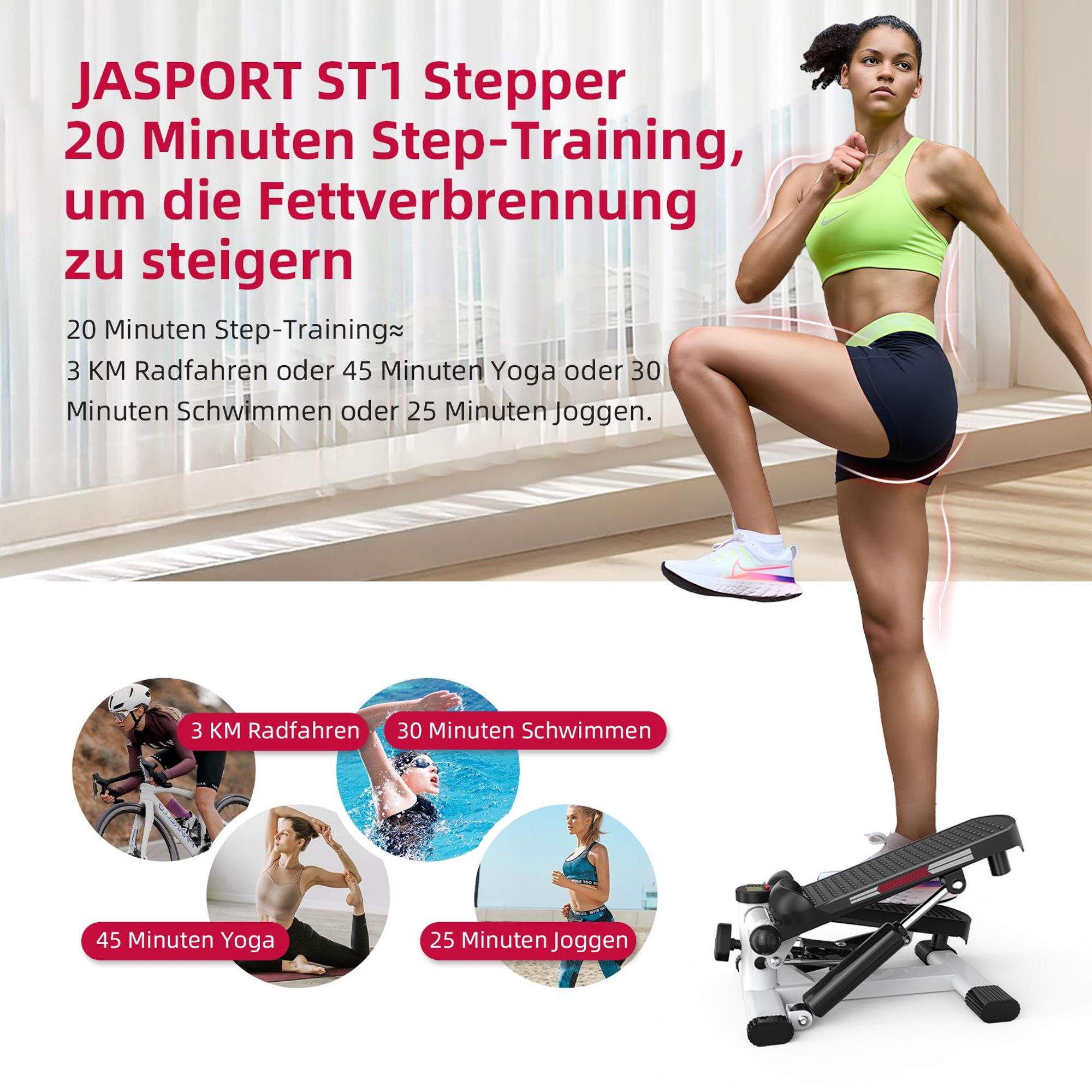 JASPORT ST1 Mini-Stepper, 2-in-1 mit Power Ropes, LCD, Einstellbarer Widerstand, für Bein- & Armtraining, Leise & Kompakt, max. 100kg Belastung ,weiß