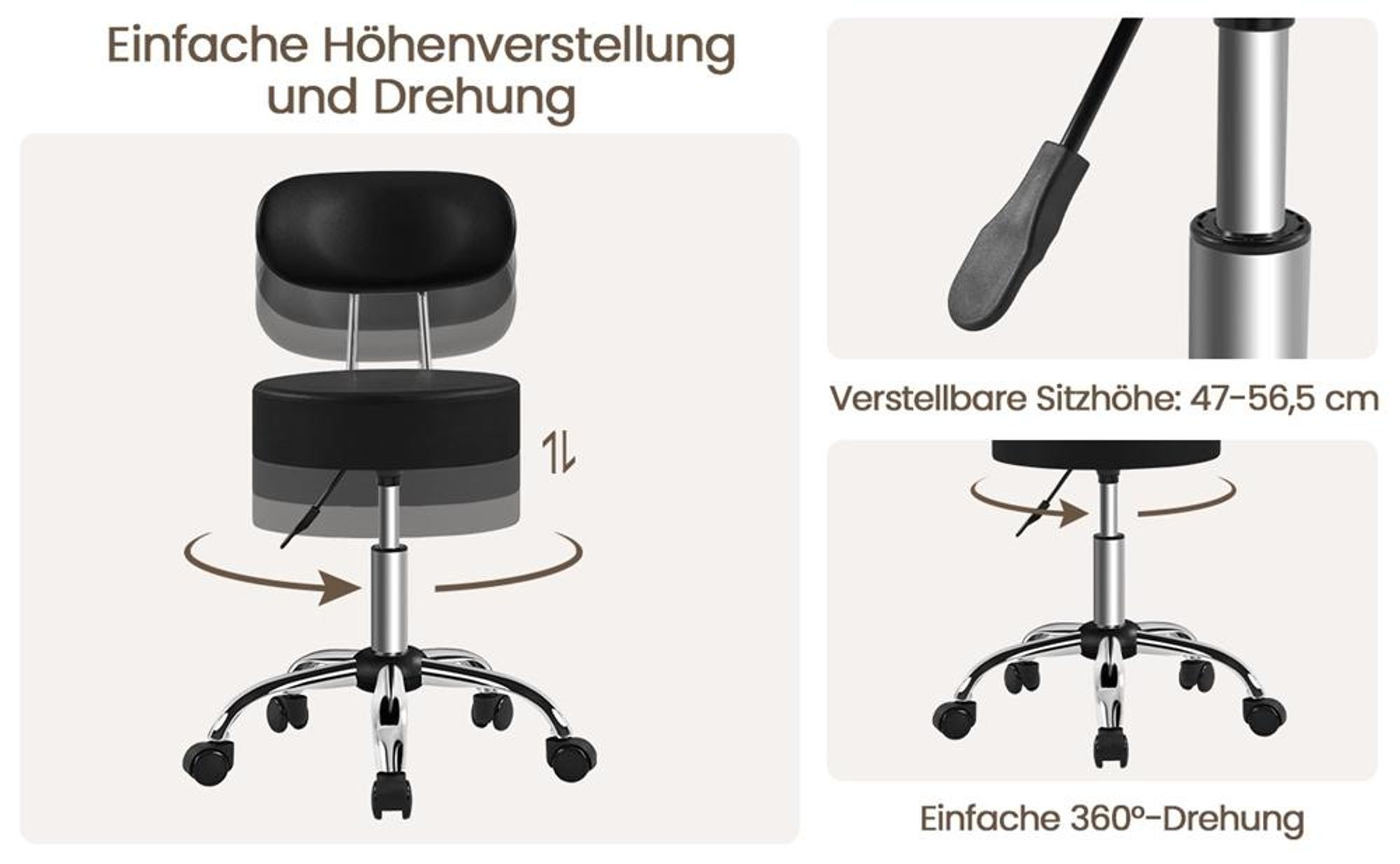 Yaheetech Drehhocker Rollhocker mit abnehmbaren Rückenlehnen, höhenverstellbarer Arbeitshocker mit Rollen, Schwarz