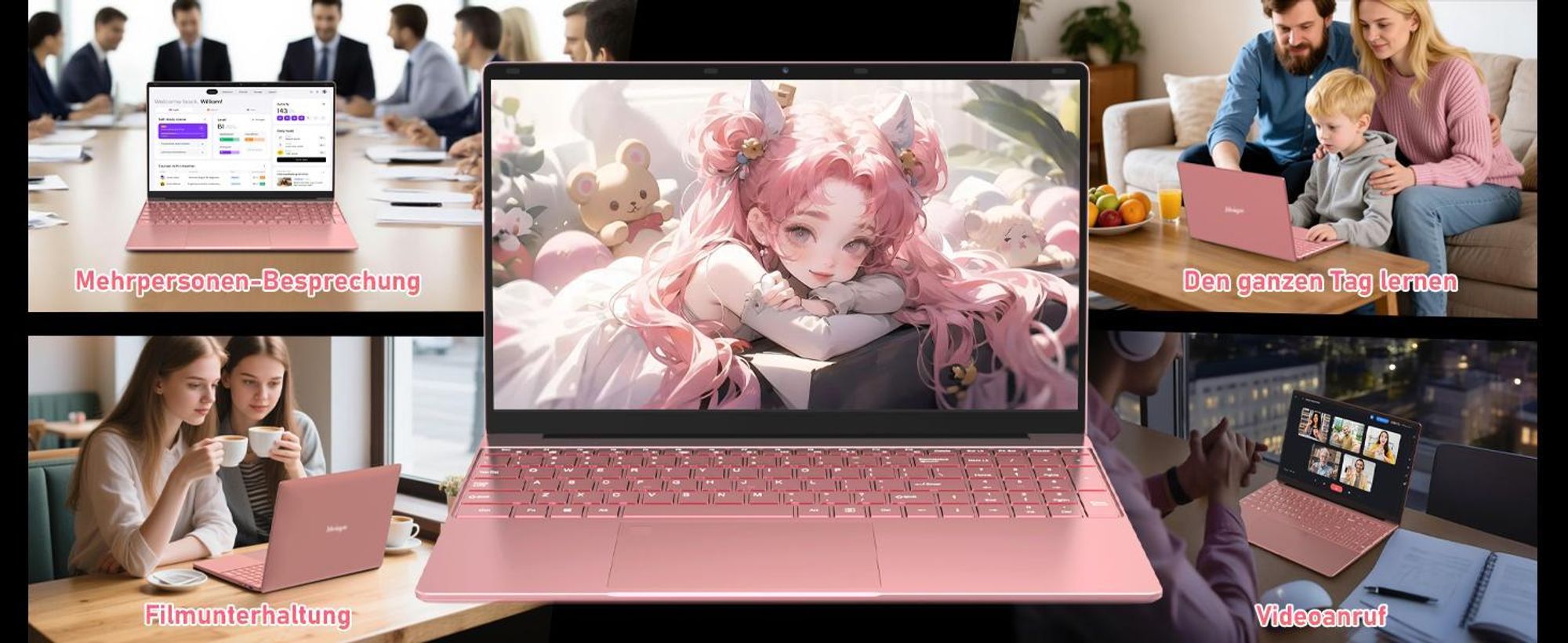 Molegar 15.6" Pink Laptop, 5205U, FHD, 8GB DDR4, 256GB PCIe SSD, Backlit KB, Fingerprint, 180° Hinge, 6000mAh Battery, Webcam, WiFi 5, USB 3.0, Rosa