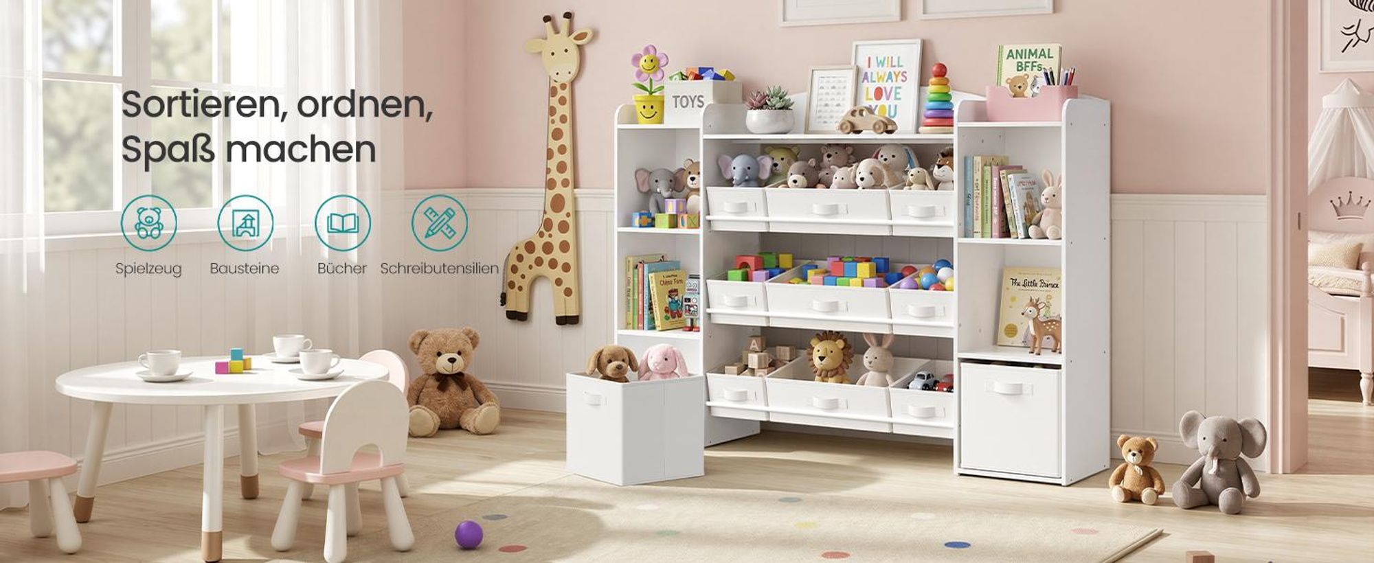 SONGMICS Kinderregal mit 4 offenen Fächern, Kinderregal, 9 mittlere und 2 seitliche Boxen, 30 x 143,8 x 104 cm, weiß
