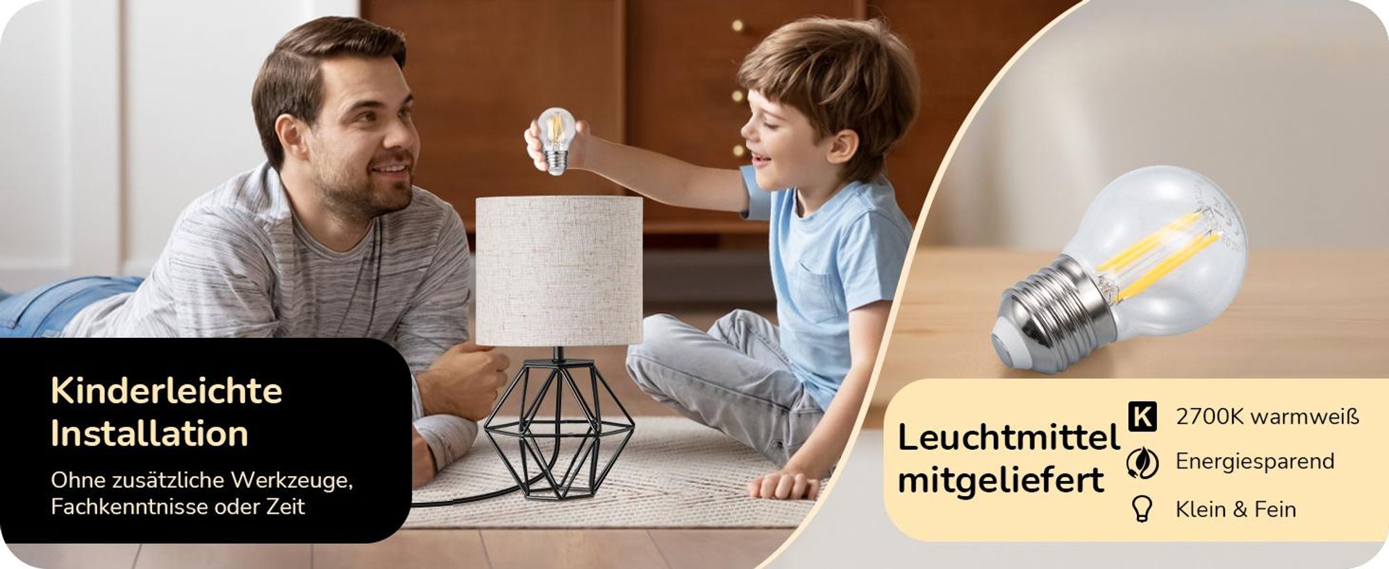 EDISHINE Nachttischlampe, Moderne Tischlampe, Vintage Tischleuchte, Beige Schwarz