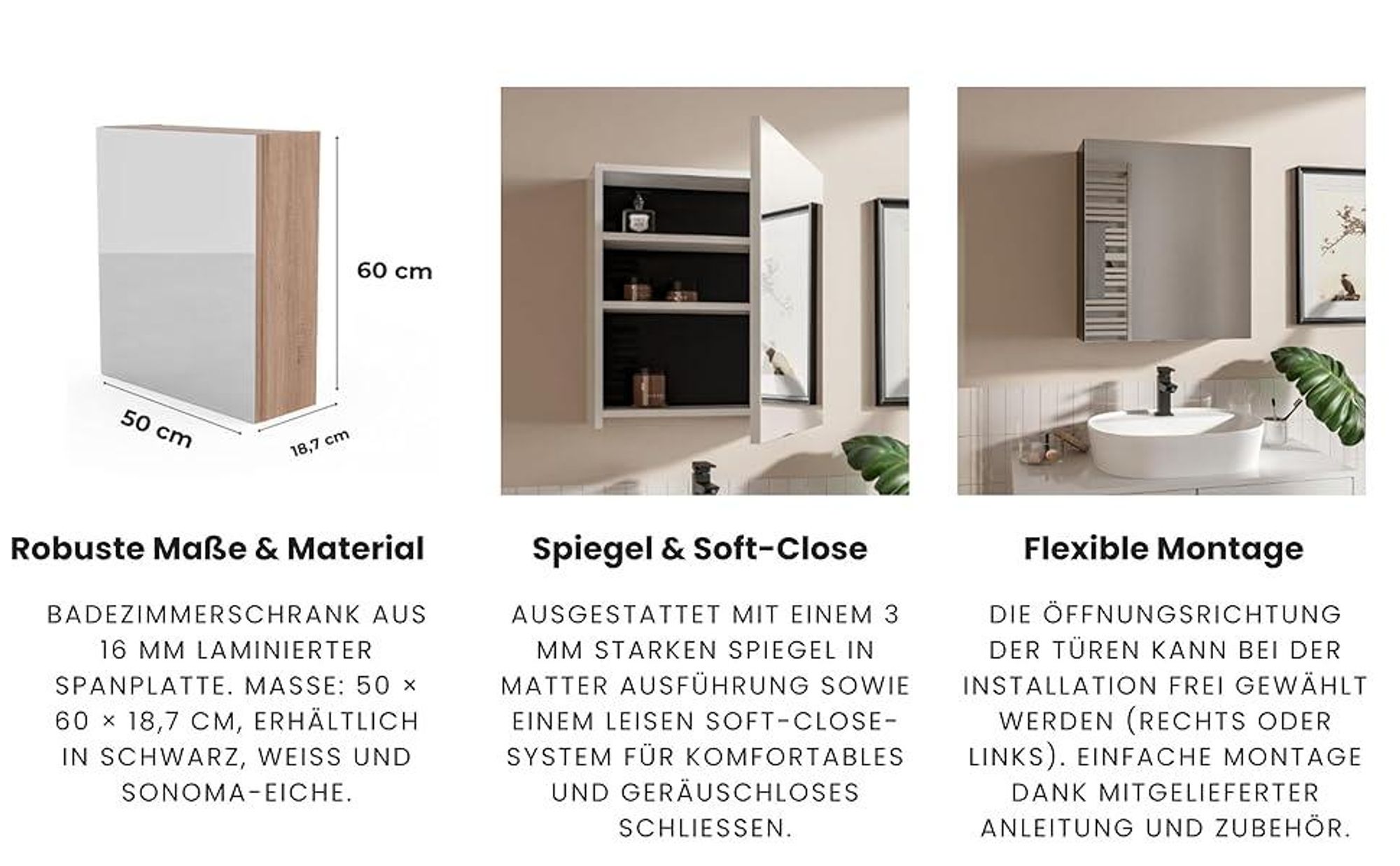 HAJDUK FURNITURE Spiegelschrank Bad 50x60 cm Eiche Sonoma Badschrank mit Spiegel Ablage und Griffloser Öffnung Hängeschrank Badezimmerspiegel Hängend