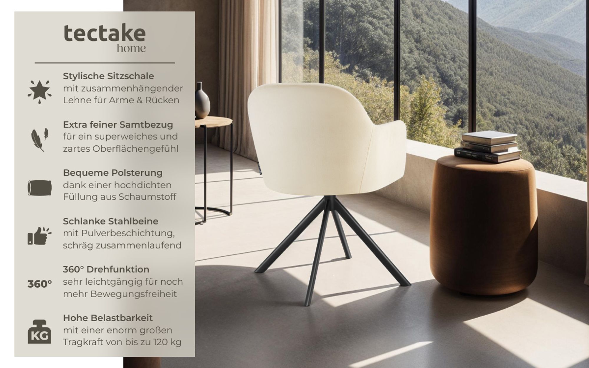tectake® Samt-Drehstuhl Lona gepolstert 56 x 59 x 81 cm