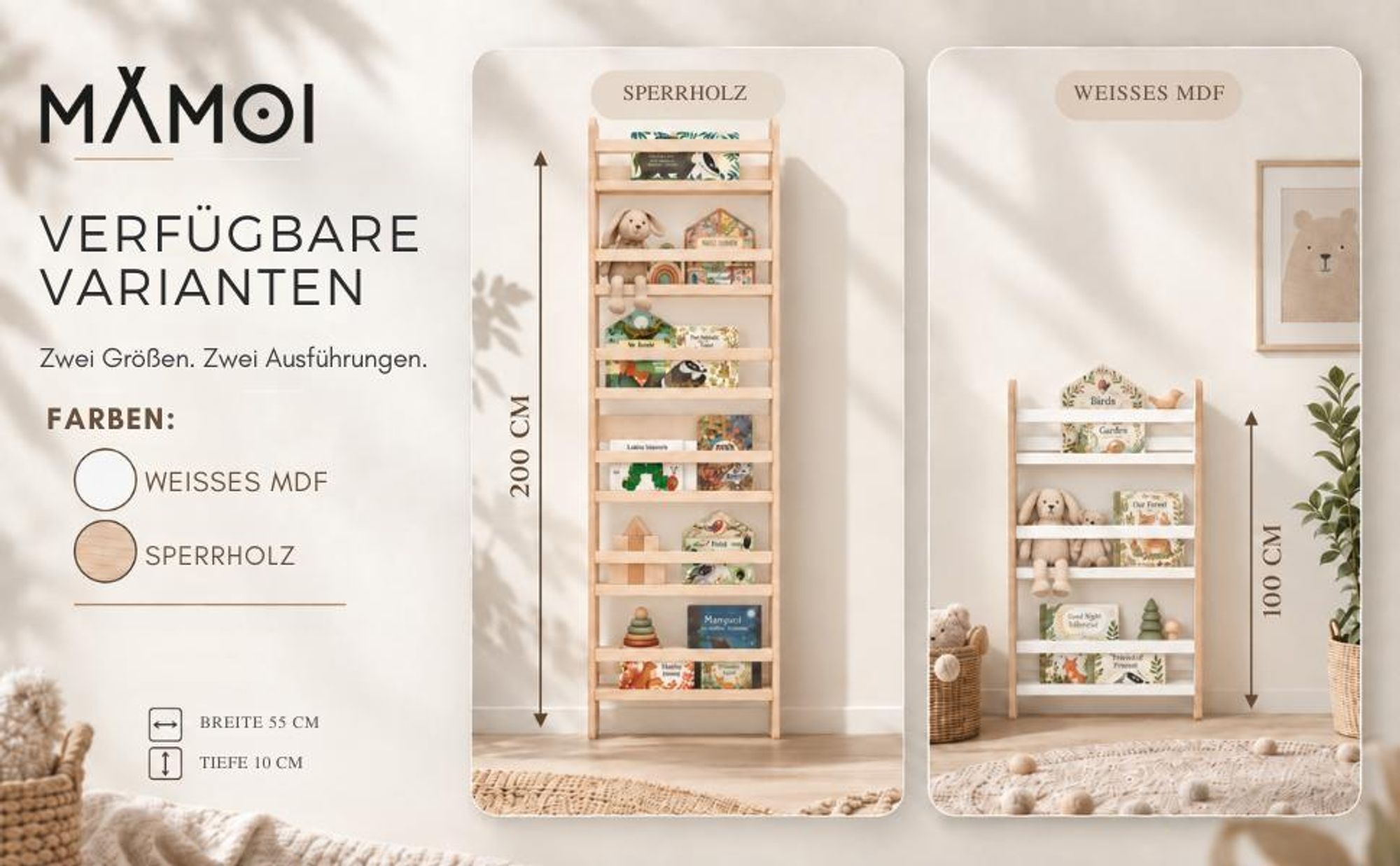 MAMOI® Kinderbücherregal aus Holz – Bücherkiste, Kinderbücherregal, Bücherregal für Kinderzimmer, Bücherbank, Wandregal, Montessori Kindermöbel