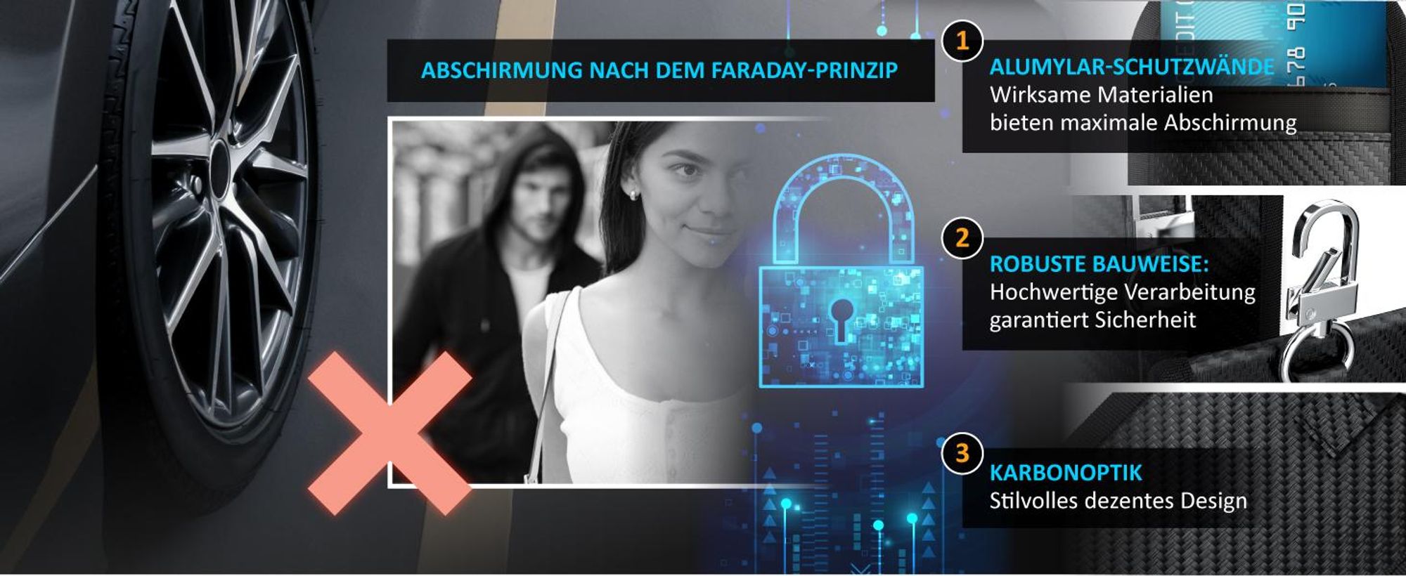 Aplic Keyless Go Schutz Autoschlüssel 2er Set , RFID Signal Blocker Etui, Hülle Schlüsseltasche RFID Blocker, Faraday Tasche, NFC, Carbonfaser, Karabiner, Klettverschluss, kompakt, Kreditkarten Schutz