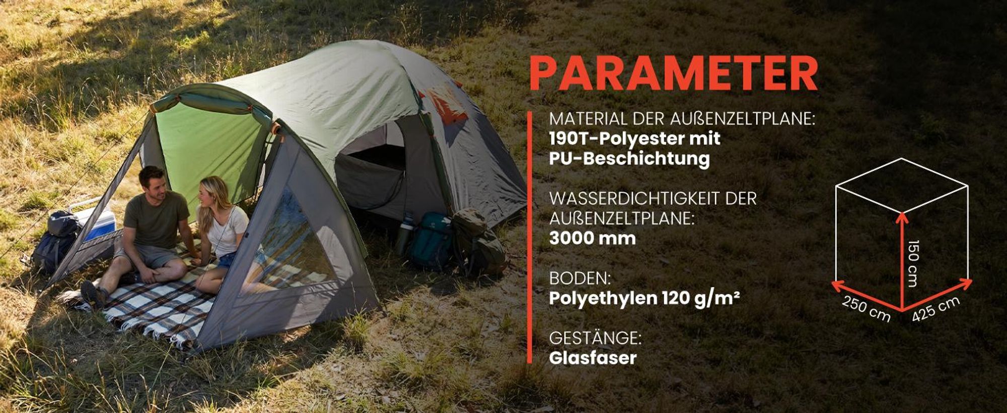 Campingzelt für 4 Personen Familienzelt mit Vorraum Moskitonetz 440x250x150 cm
