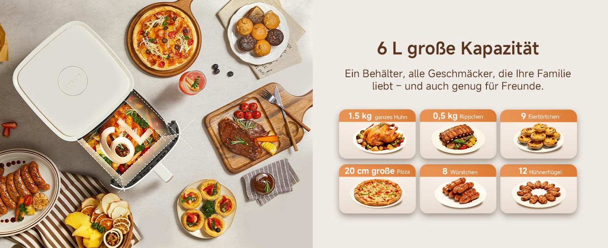 Dreame KrispNow™ AF20,6L Heißluftfritteuse,Metal-Innenraum,0-Fluorid Titanium-Keramik,Dual-Source 360° Hitze,8 Programme&Dörrfunktion,Aprikosenfarbe