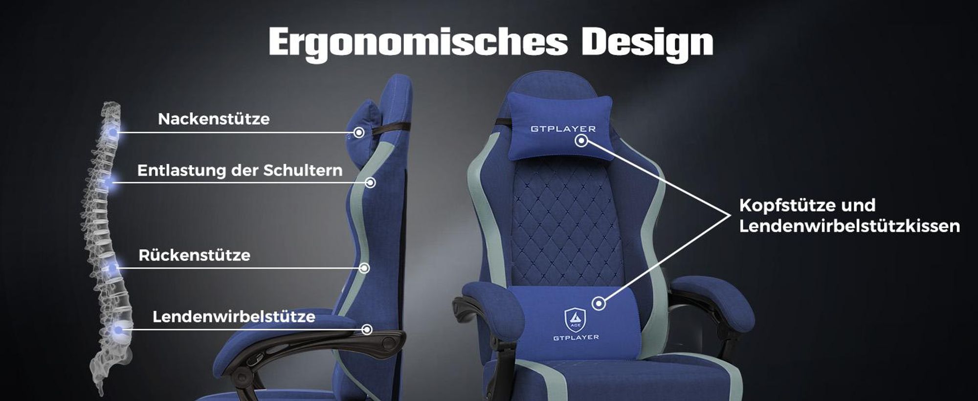 GTPLAYER Gaming Stuhl Ergonomischer Gaming Sessel Schreibtischstuhl PC Gamer Racing Stuhl mit Stoffoberfläche, Federsitzkissen, Verbindungsarmlehnen, mit Fußstütze bis 153 kg belastbar