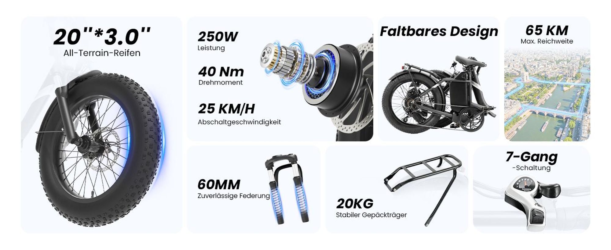 Touroll S3 Faltbares E-Bike 20×3.0 Zoll Fatbike, 65 km Reichweite, 450W Peak, Shimano 7-Gang