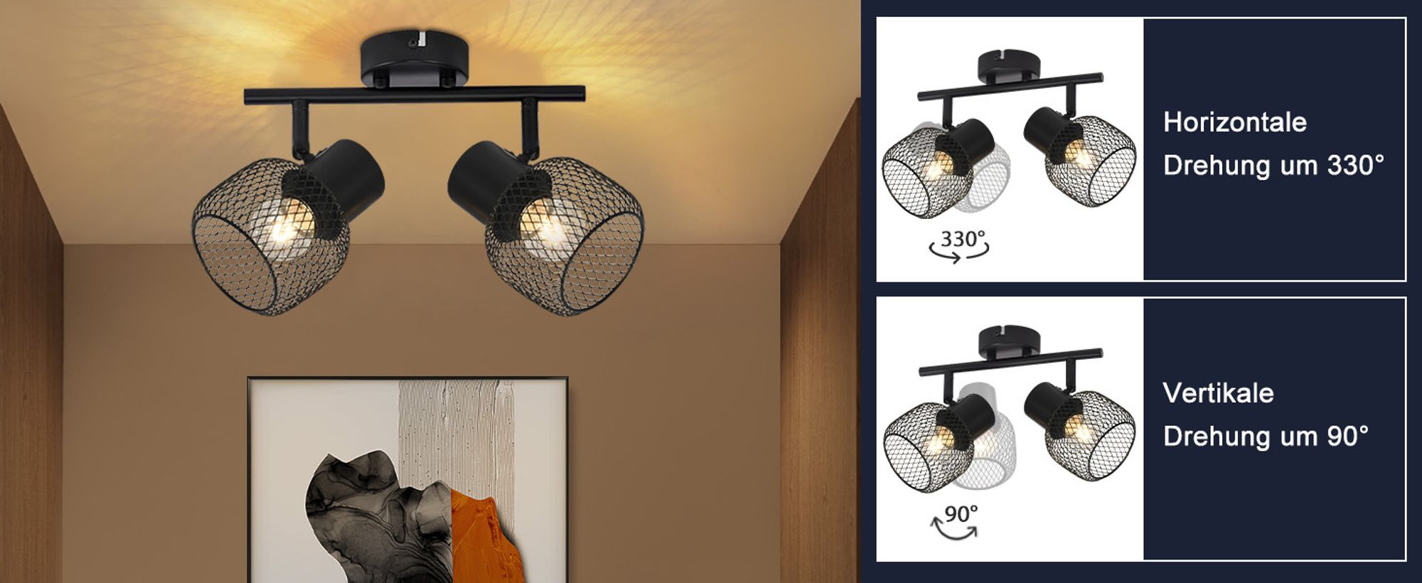 ZMH Deckenleuchte Schwarz Metall 2 Flammig Vintage E27 Deckenstrahler  Deckenlampe  Drehbar 330° Strahler Innen für Flur Wohnzimmer Schlafzimmer Küche
