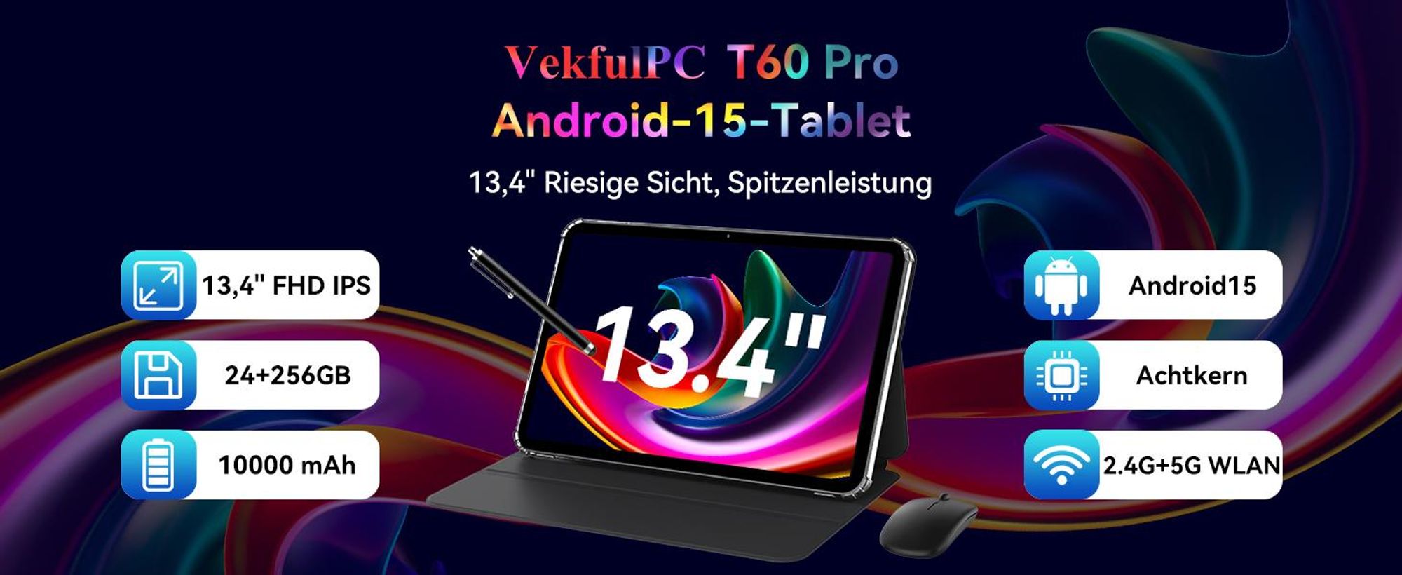 VekfulPC T60 Pro 13.4" Android 15 Set Tablet, 24GB(8+16) RAM 256GB ROM+2TB TF, 10000 mAh Akku/2K Display/120Hz/5G WiFi/Gemini AI 2.0/16MP Kamera