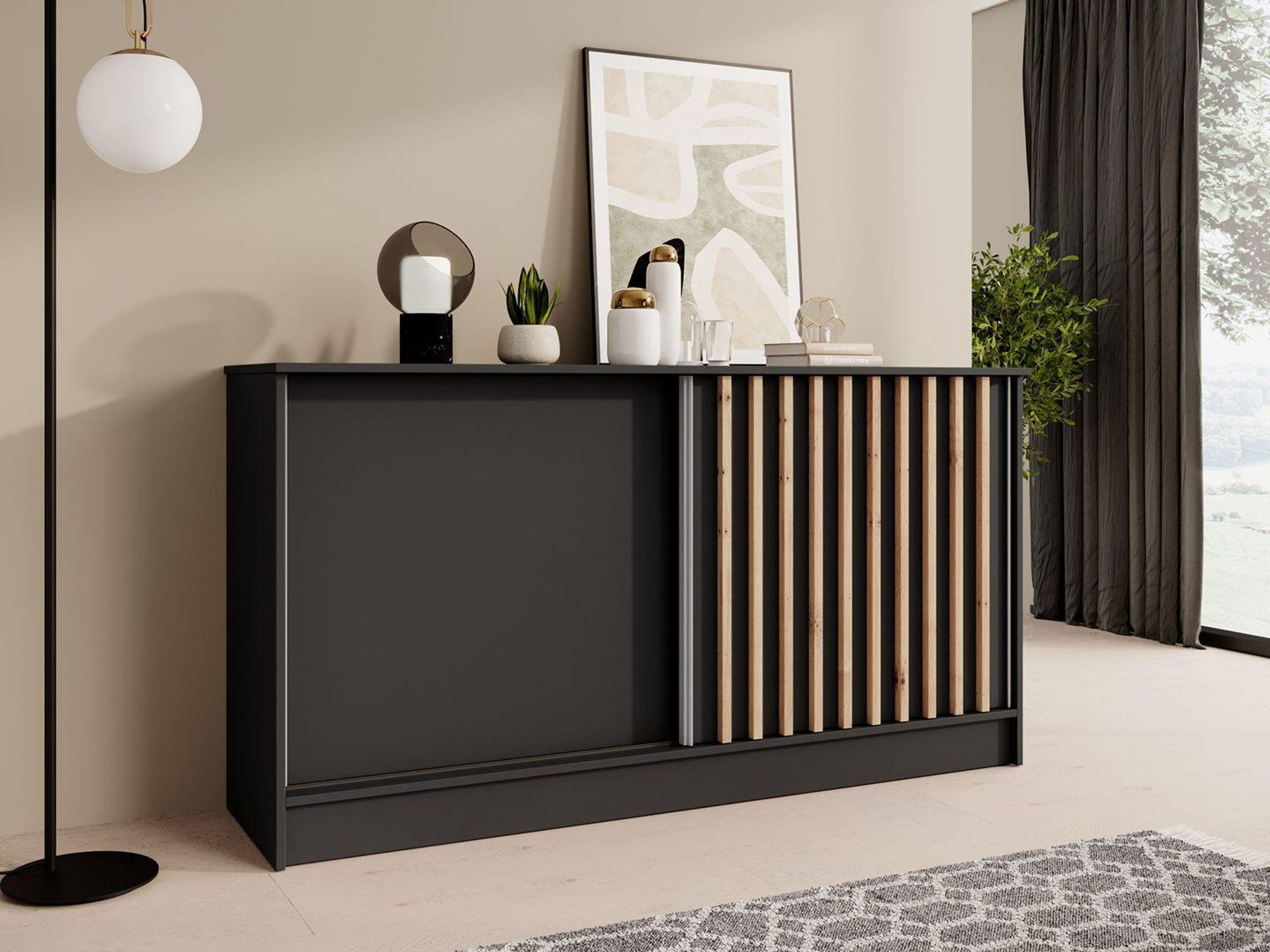 BEAUTYSOFA | Komoda HORIZON 160 cm, černá, Artisan s lamelami, příborník se 2 posuvnými dvířky, moderní design, velký úložný prostor
