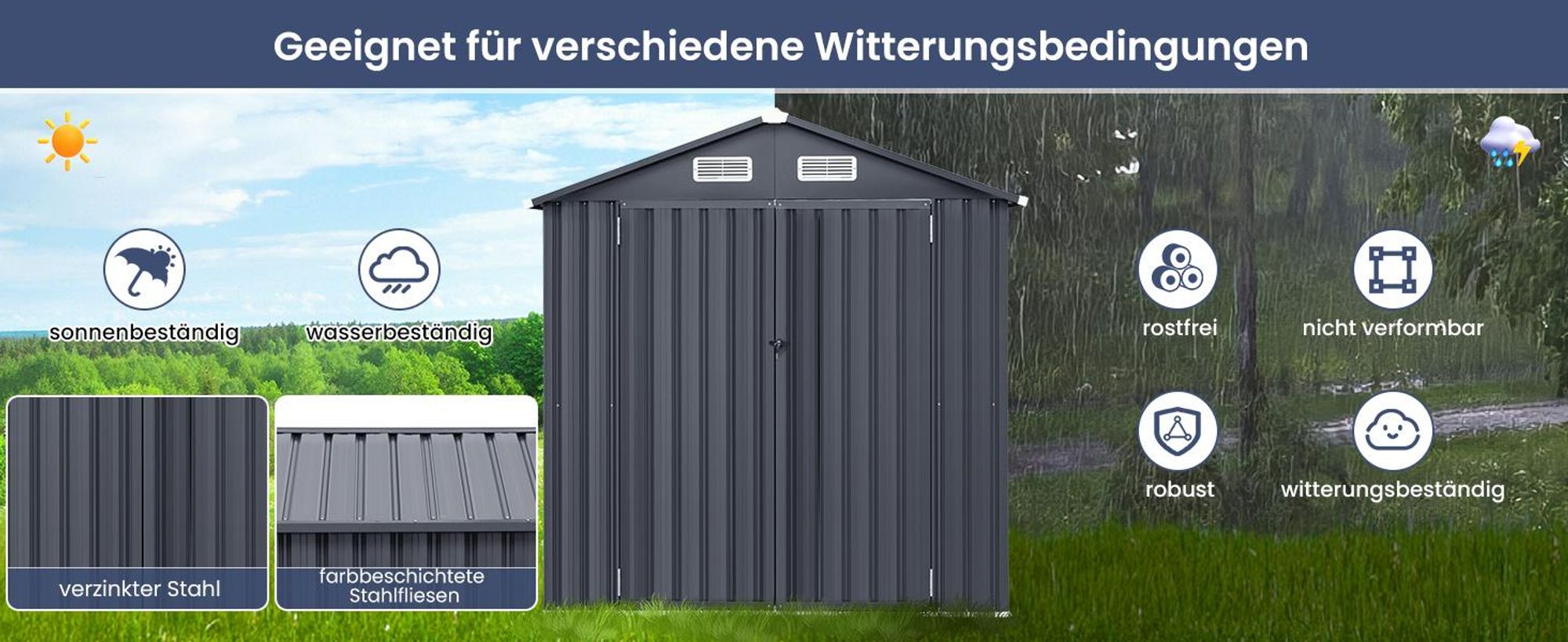 COSTWAY Gerätehaus Metall, Geräteschuppen mit 4 Lüftungen&abschließbare Türen, Gartenhaus Wetterfest für Garten, Hinterhof, 193x108x196 cm, Dunkelgrau