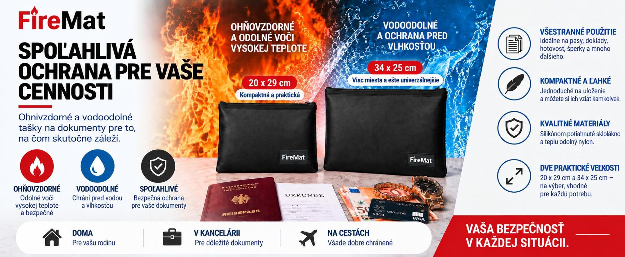 Protipožiarna a vodoodpudivá taška FireMat na dokumenty a cennosti.