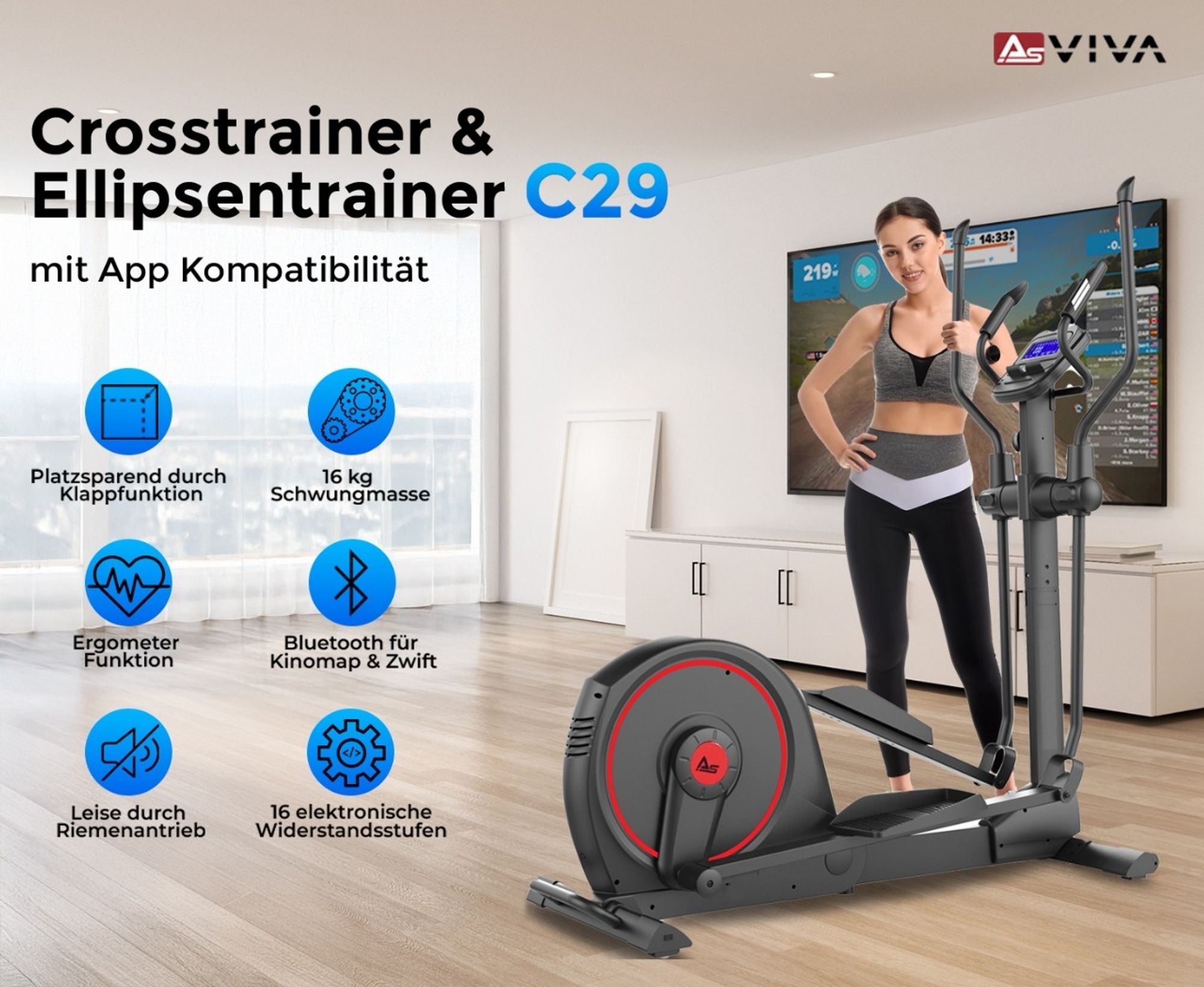 Crosstrainer klappbar AsVIVA C29 Pro Heimtrainer mit Ergometer 16 kg Schwungmasse Bluetooth HCR leise für Zuhause