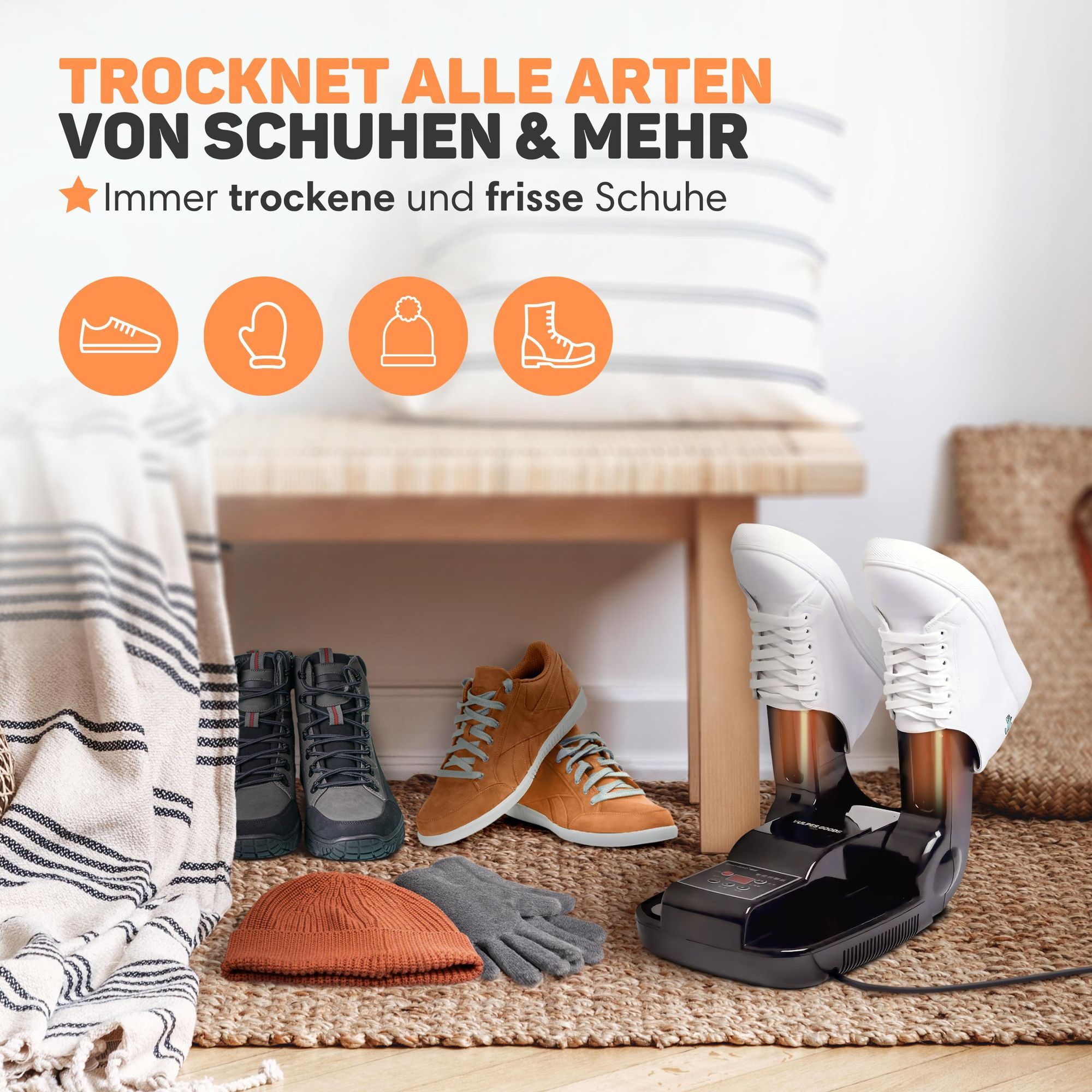 Vulpes Goods Pro Schuhtrockner elektrisch 30-Minuten-Schnelltrocknung | faltbarer Fußsohlenwärmer mit 10 Duftkugeln - Ozon-Funktion & Digitalanzeige