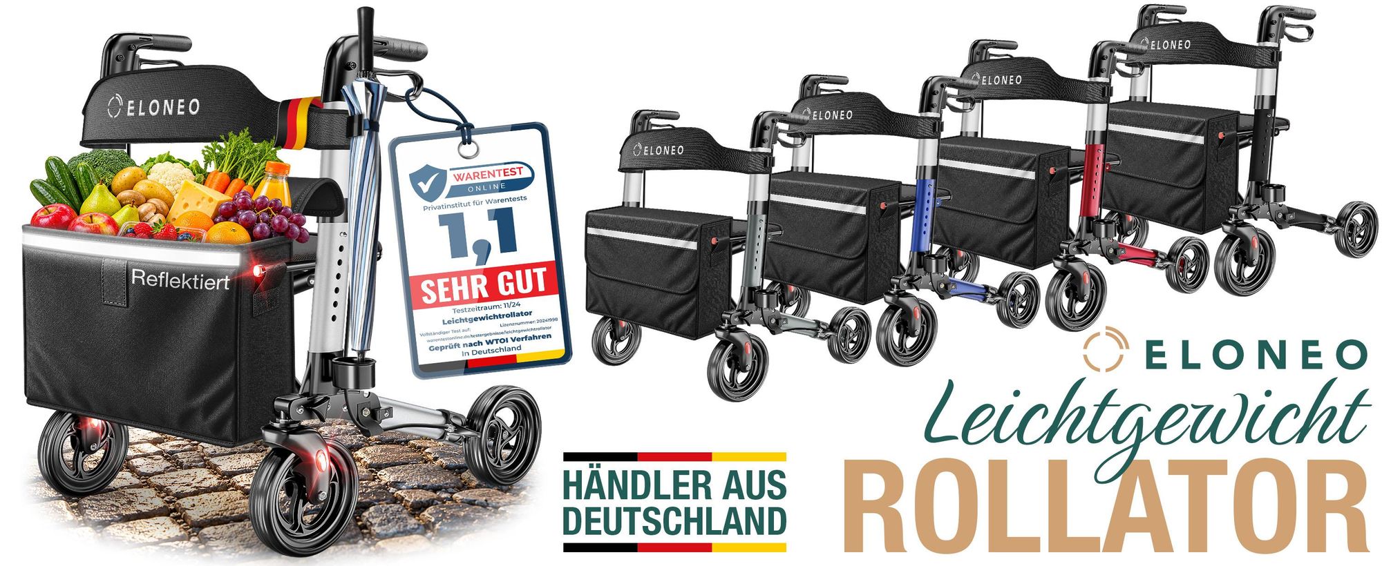 ELONEO Rollator faltbar und leicht mit Sitz, Leichtgewicht-Reiserollator aus Aluminium, Gehhilfe 8-fach höhenverstellbar, Laufhilfe 3-fach faltbar