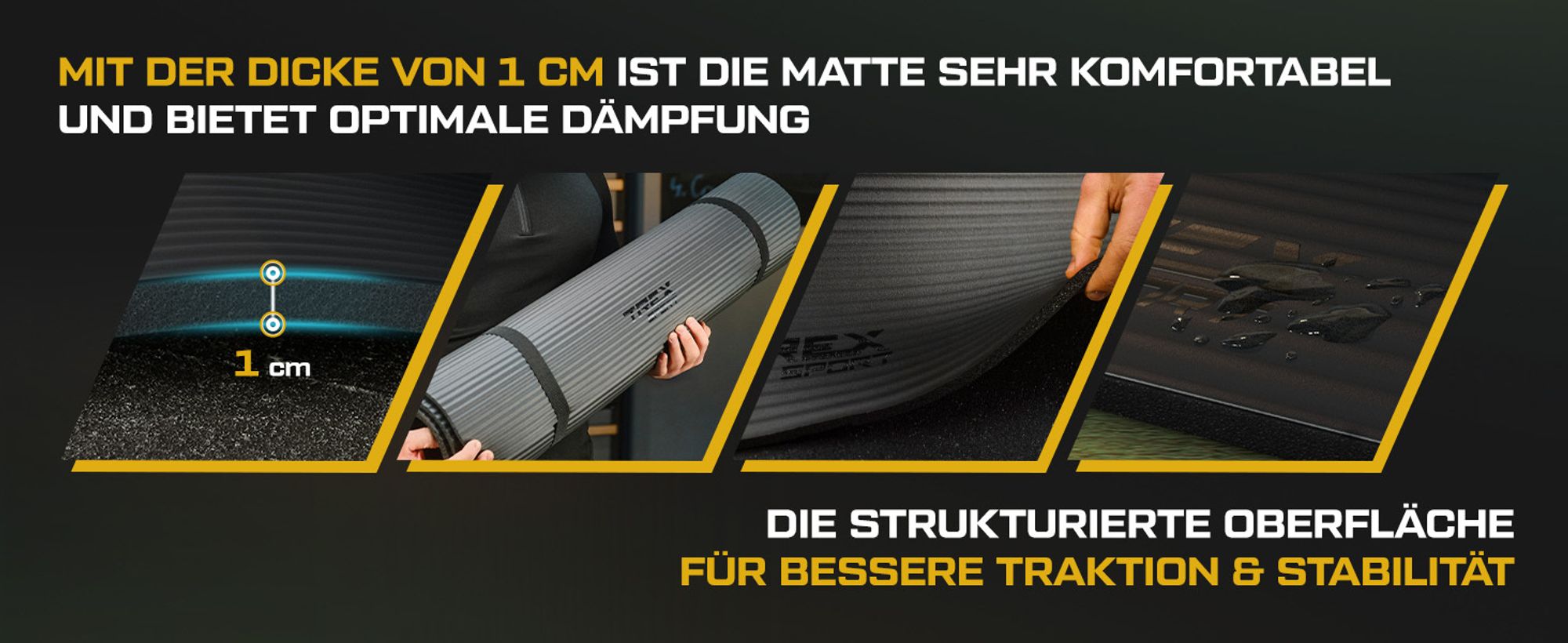 TREX SPORT Gymnastikmatte Fitnessmatte TX-019NGM | Yogamatte Pilates 190×80×1cm|Trainingsmatte rutschfest, wasserdicht, Tragegurt | Sportmatte schwarz