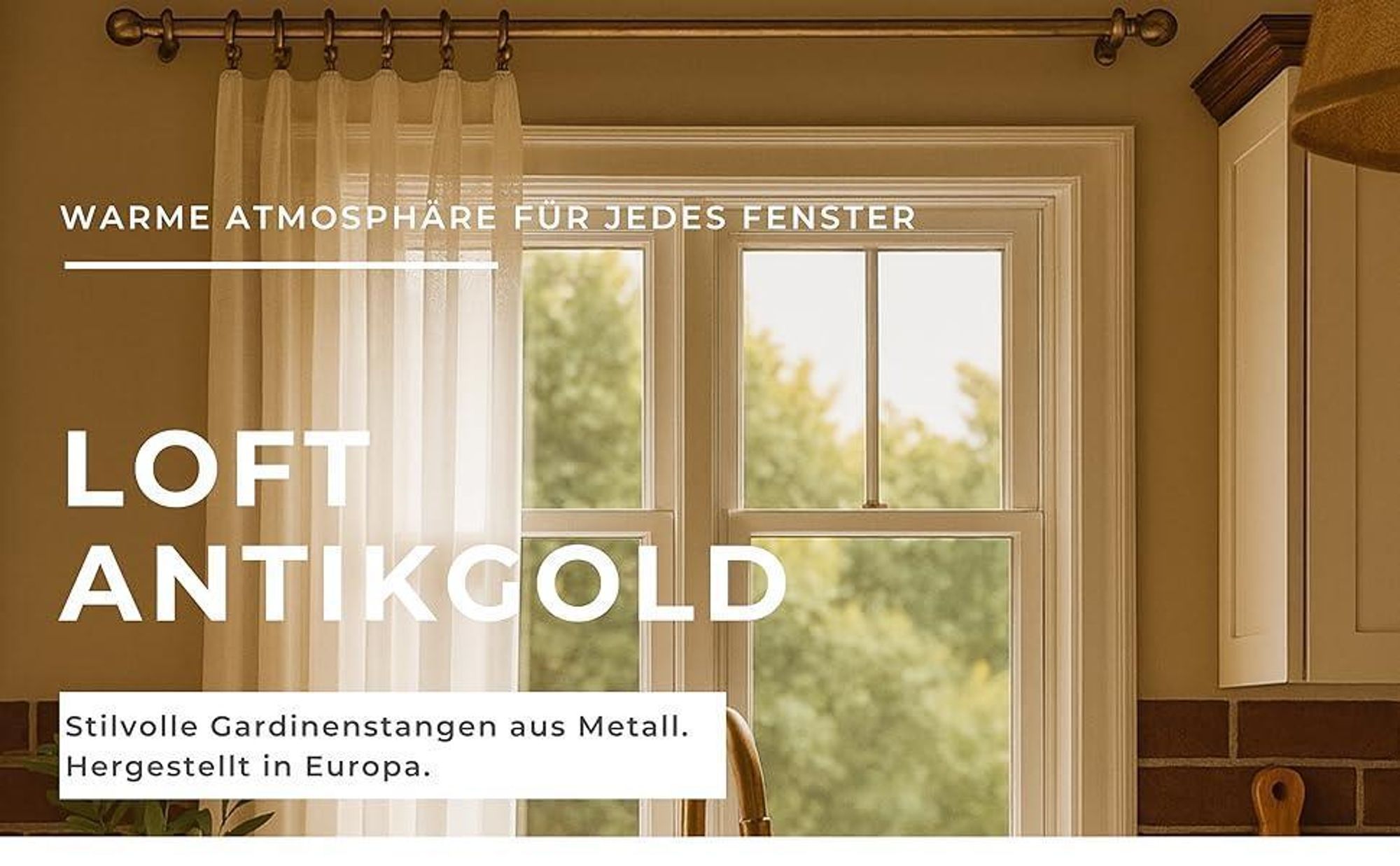 LOFT 320 cm Doppelte Gardinenstange 19 mm aus Metall mit Endstück FREZ Komplettset mit Ringen und Clips Inklusive Montagezubehörset Farbe Antikgold