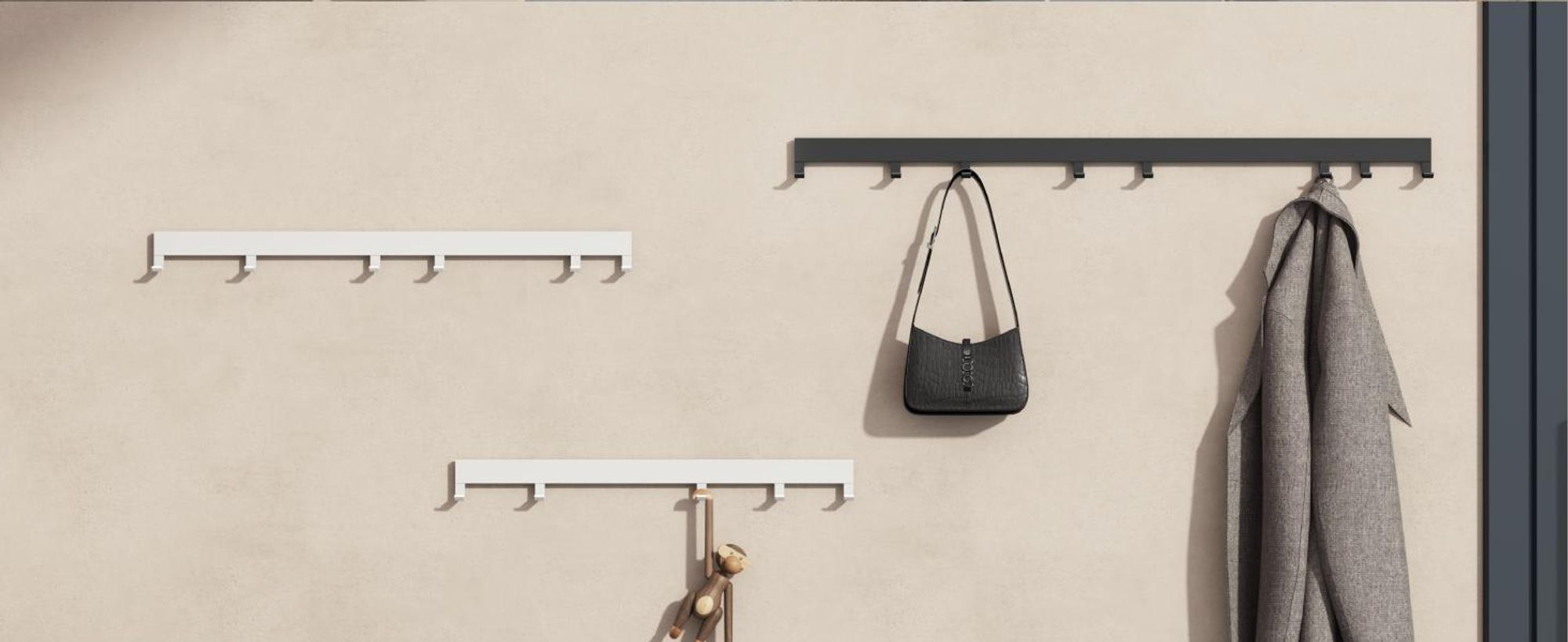 doporro Wandgarderobe aus Aluminium mit verschiebbaren Garderobenhaken, Garderobenleiste mit Kleiderhaken für Flur, Bad, 40 cm, Matt Schwarz, Stalo10