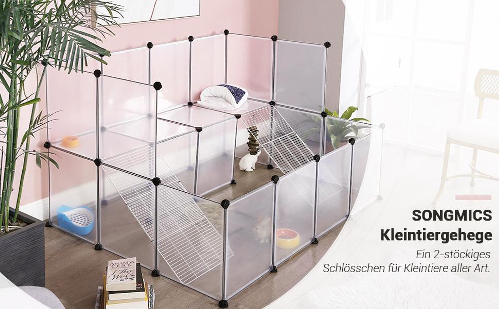 SONGMICS Kleintierkäfig, 2-stöckig mit Metallgittertreppen 143x108x92cm weiß