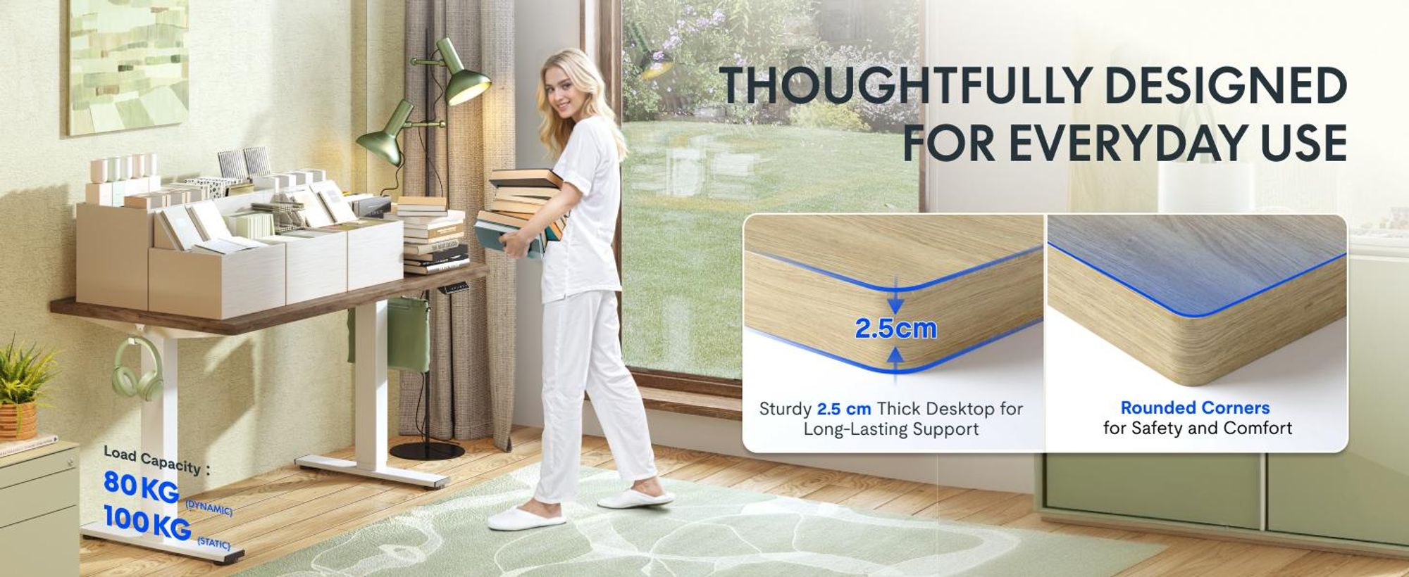 FLEXISPOT EN1 Höhenverstellbarer Schreibtisch EU 160x80cm, 25MM Einteilige Tischplatte, 100 kg Tragkraft, 4 Memory-Funktion, Natur-Eiche Optik