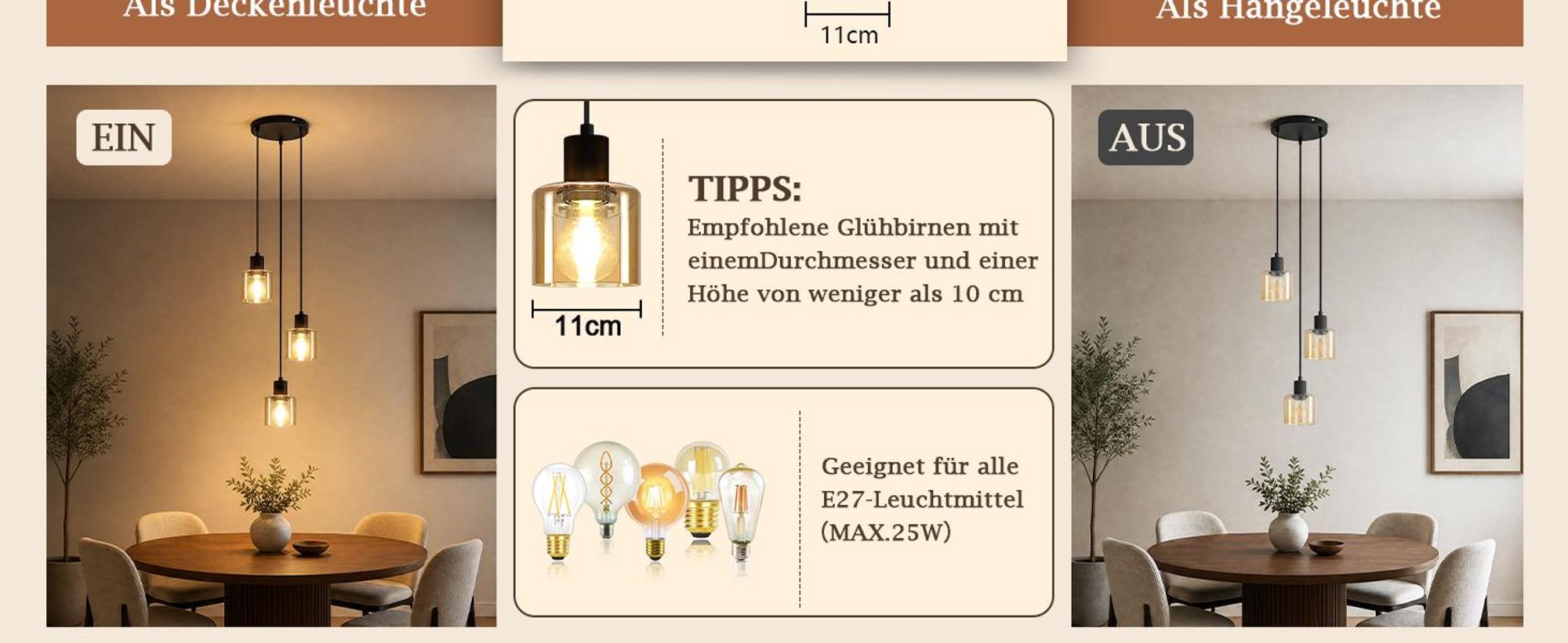 Lampada a sospensione ZMH, vetro, 3 luci, rotonda, attacco E27, stile retrò, nera. Lampada a sospensione per sala da pranzo, stile industriale, ideale per tavoli da pranzo