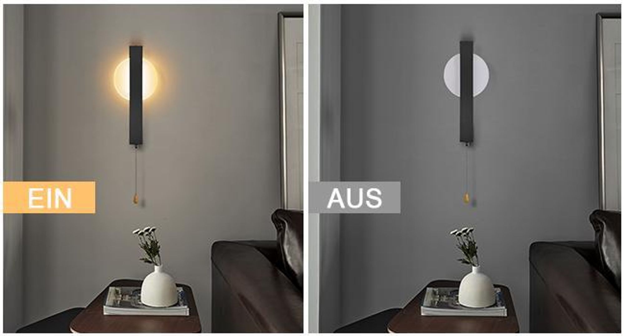 ZMH Wandleuchte LED Wandlampe mit Schalter - Flurlempe Innen Schwarz Modern Design Wandlampen Mit Zugschalter Rund 3000K Warmweiß Wandbeleuchtung Eisen & Acryl 6W Wohnzimmerlampe für Flur Bett