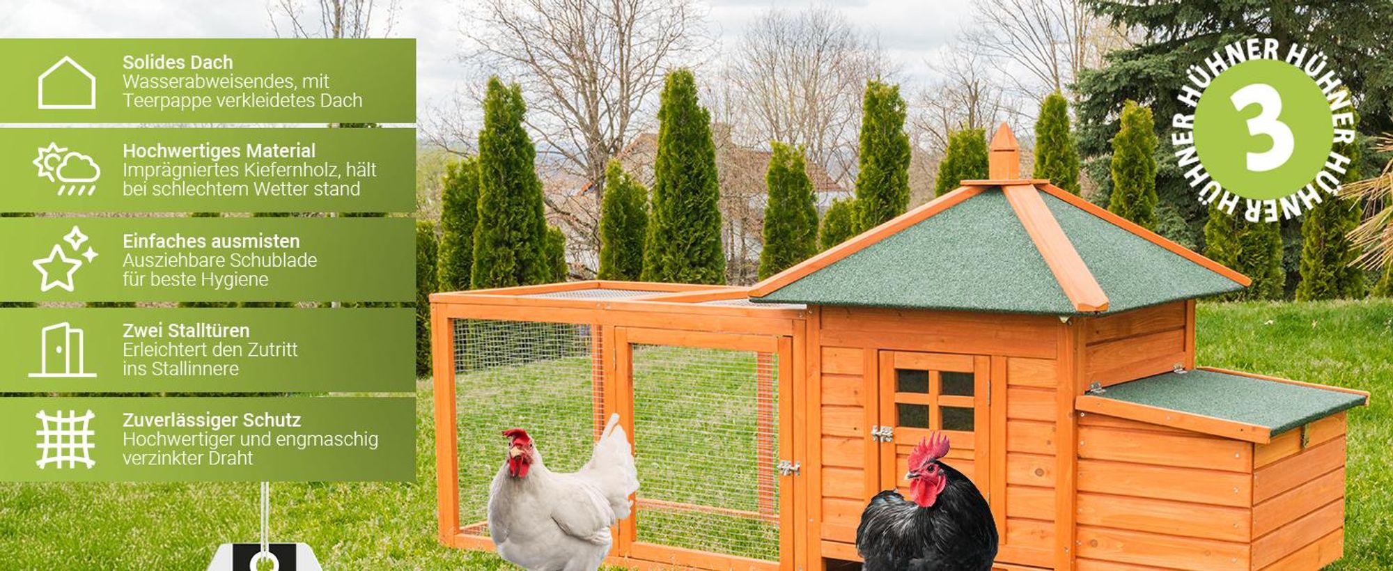 MyAnimal Hühnerstall MH-19 | Für 3-4 Hühner - Hühnerhaus - 2 Sitzstangen - Nistkasten - Eiablage - Freilaufgehege - Wetterfestes Dach (Grau/Weiß)