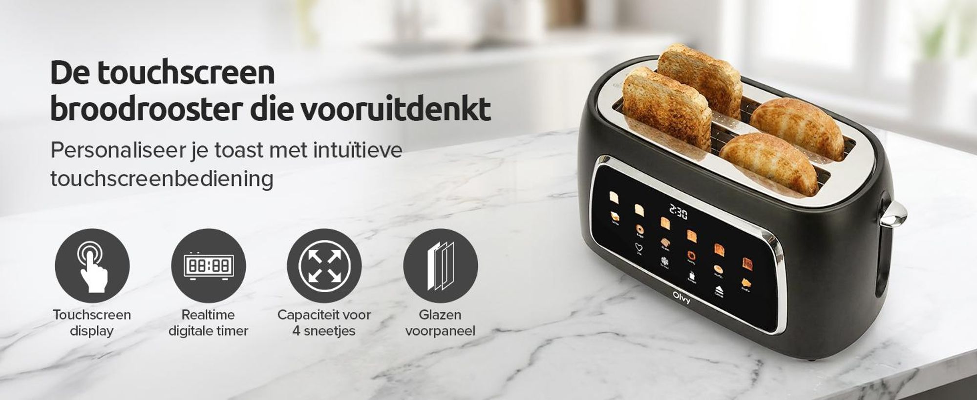 Olvy Broodrooster, 4 sleuven, lange sleuven, digitaal display met timer, 6 bruiningsgraden, brede sleuven, ontdooifunctie en opwarmfunctie, 1500W, zwart