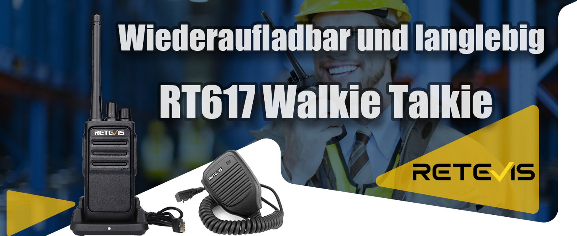 Retevis RT617 Walkie Talkie mit Sprechendes Mikrofon, PMR446 Funkgeräte Set mit 16 Kanäle, VOX, Wiederauflabar, für Baustelle Baumarkt Fabrik 4 Stück