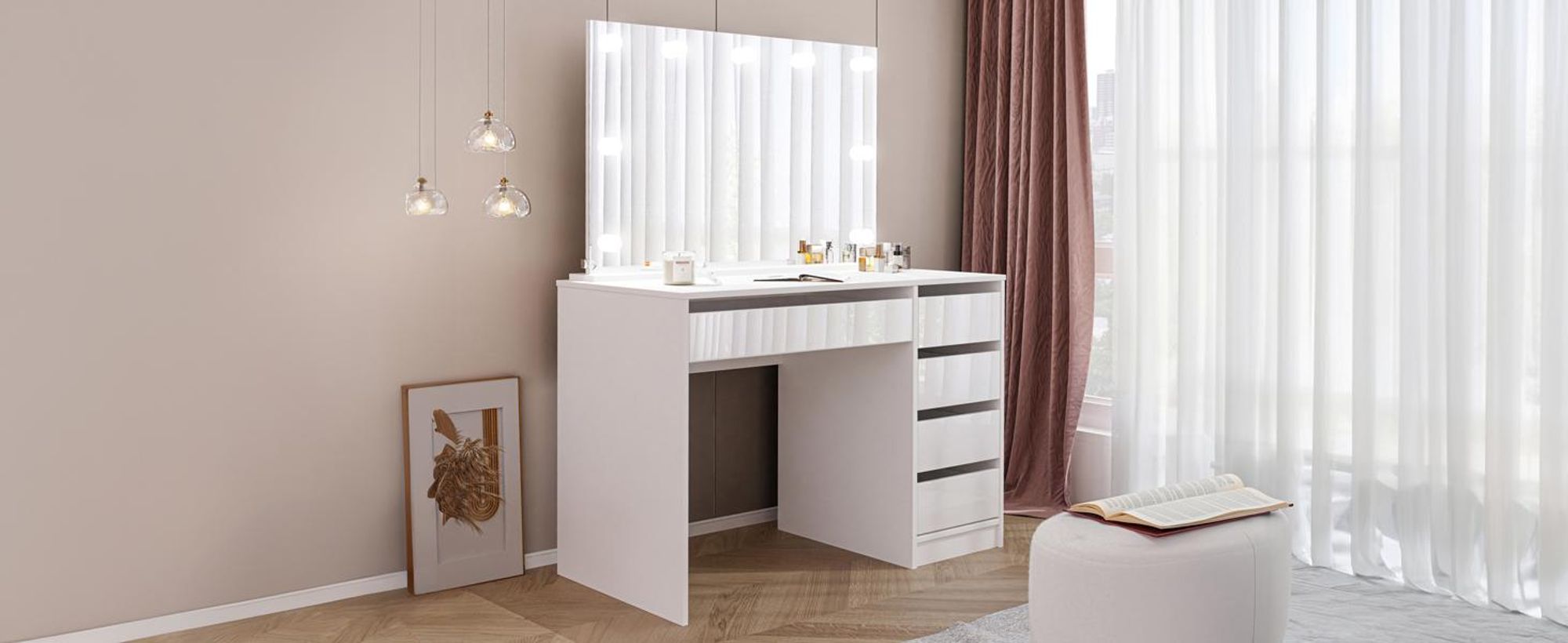 Idohome Schminktisch mit Spiegel, Schminkkommode modern, Frisiertisch mit Schubladen, Kosmetiktisch mit LED-Licht, Schmuckschrank Weiß Hochglanz BELLA