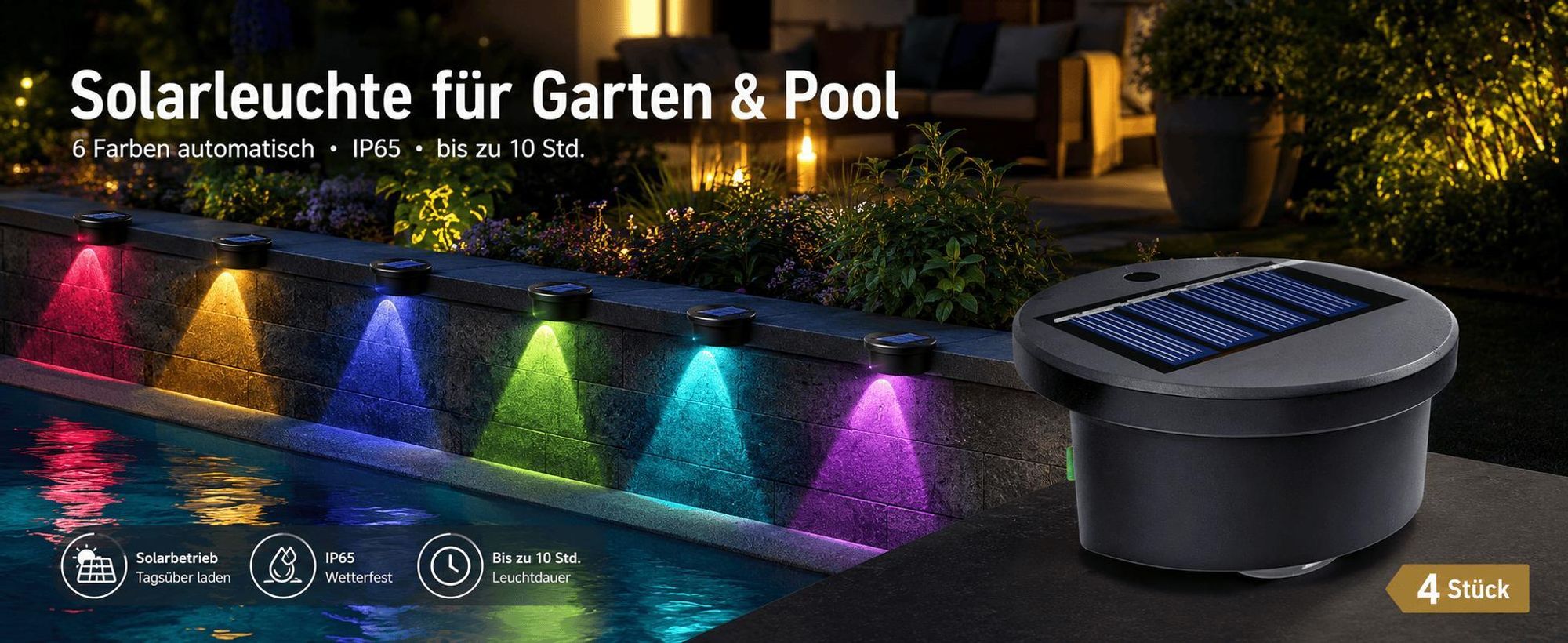 4er Set Solarleuchten Garten, wasserdicht IP65, 6 Farben LED, 10H Leuchtdauer, automatische Einschaltung bei Dunkelheit (Lichtsensor)