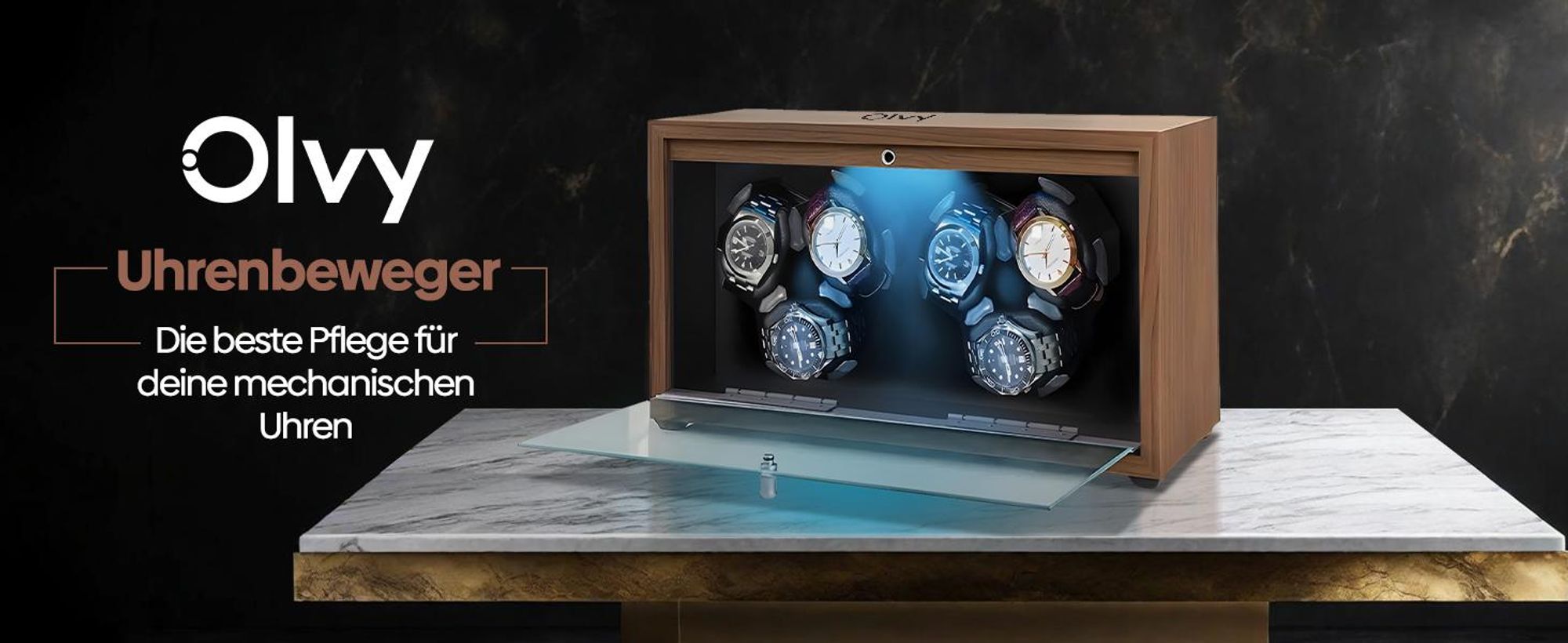 Olvy Uhrenbeweger für 6 Uhren, LED-Beleuchtung, Watchwinder Box Holz, Extrem Leiser Mabuchi Motor, Flexiblem Uhrenkissen, Watch Winder