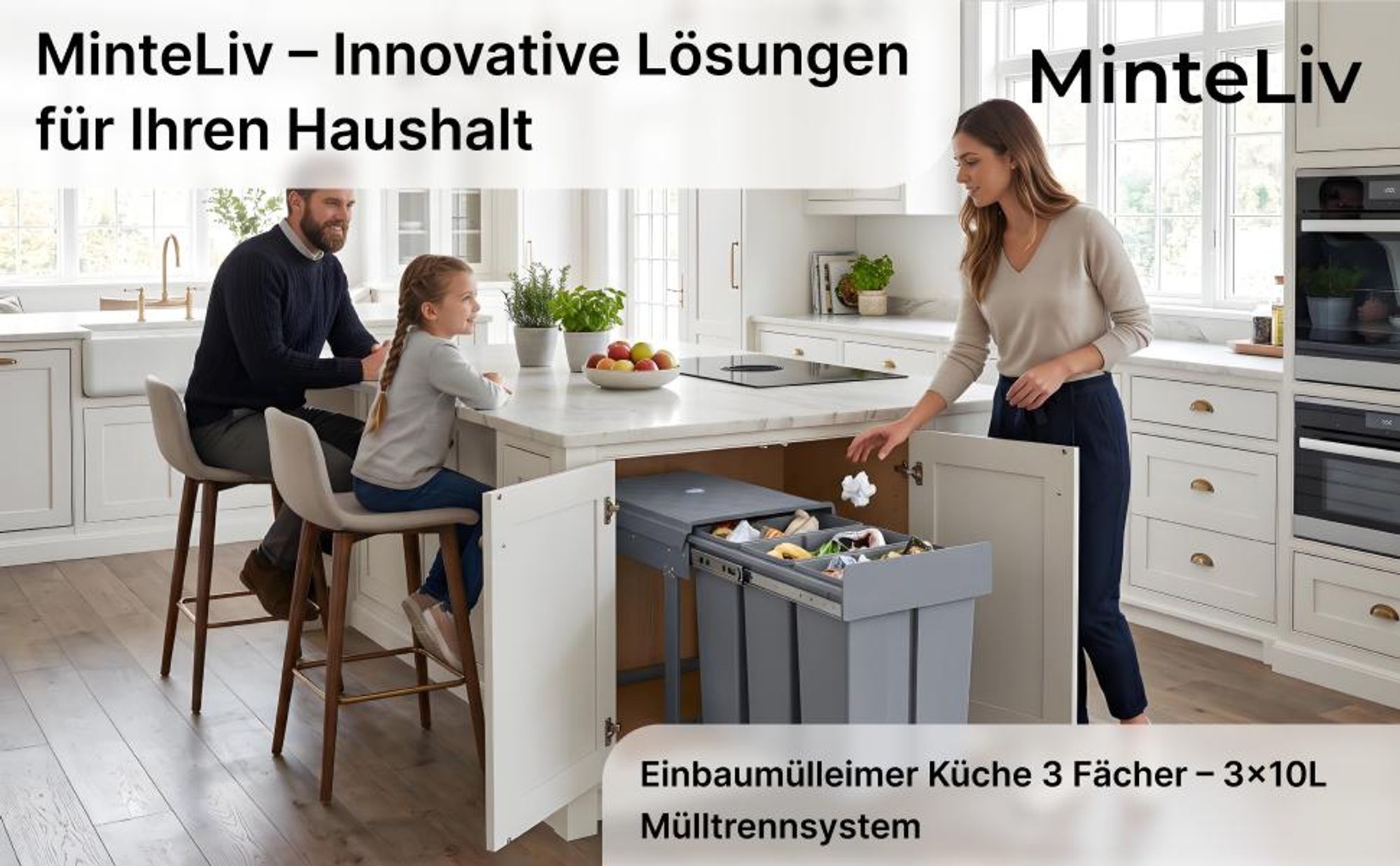 MinteLiv Einbaumülleimer 3x10L Mülltrennsystem Ausziehbar, Stahlrahmen, 48x26x42cm