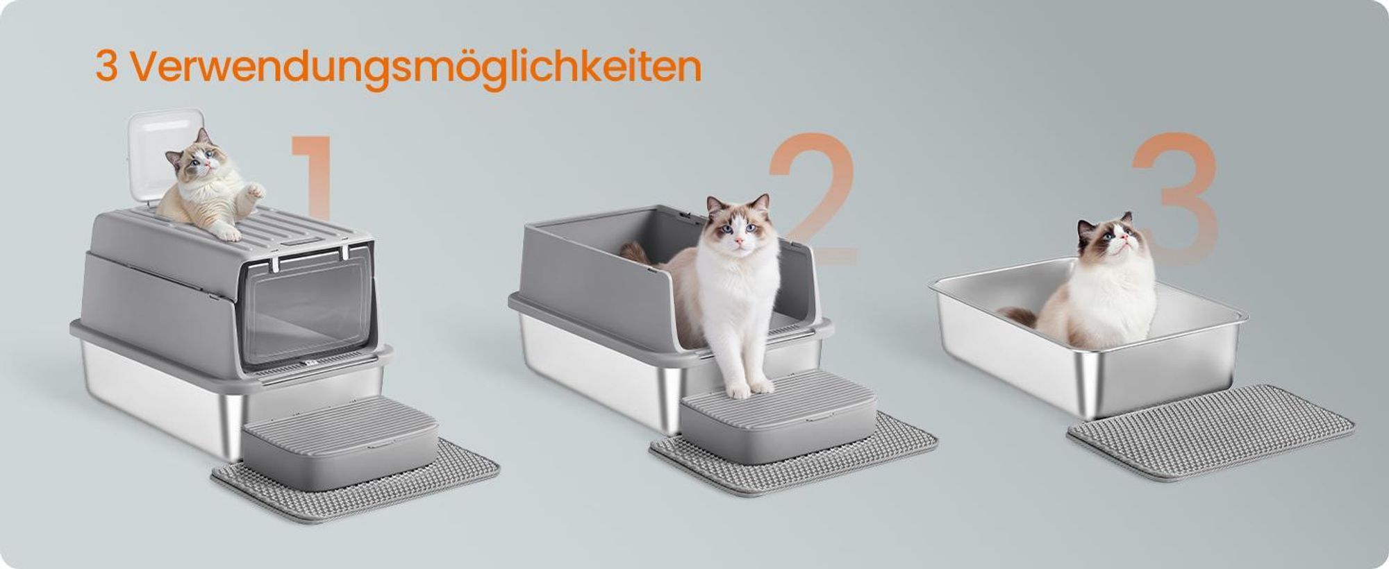 Feandrea Katzenklo Edelstahl, Katzentoilette mit Deckel, mit Schaufel, Katzenstreumatte und 2 Eingängen, für Katzen bis 15 kg, hellgrau