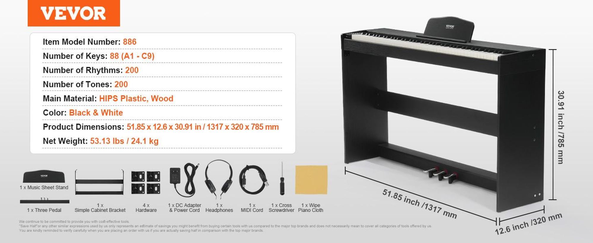 VEVOR Digitalpiano, 88 Tasten, Elektrisches Klaviere, Doppeltastatur und Lautsprecher, einfache Gehäusehalterung mit Kopfhörer, 200 Töne und Rhythmen, unterstützt Bluetooth/USB/MIDI, für Anfänger