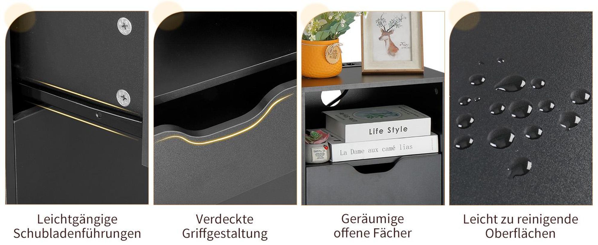 FCH Nachttisch, Beistelltisch mit Ladestation mit offenem Fach, 2 Schubladen, 40 x 30 x 60 cm, Schwarz