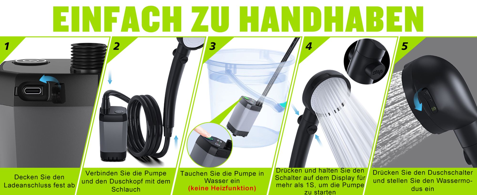 Tragbare Campingdusche,[6000 mAh] ,Pump- und Temperaturanzeige,mit Duschkopf und 2 m Schlauch für Garten, Waschen des Autos, Strand, Camping, Haustier