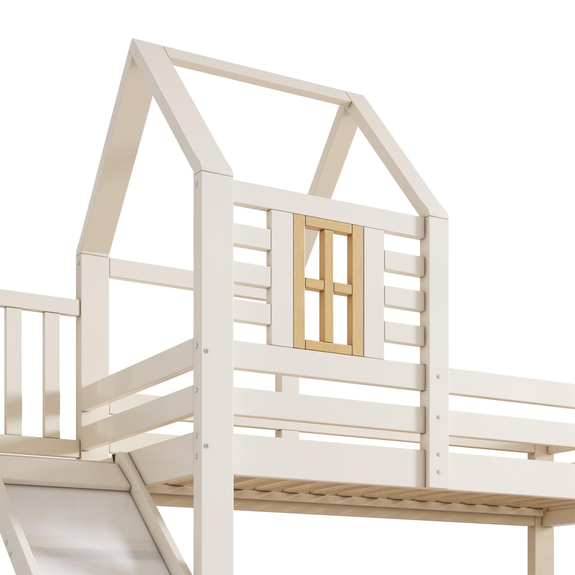 Flieks Etagenbett 90x200cm/140x200cm, Kinderbett Hausbett mit Rutsche, Hochbett mit Schublade, Stockbett Holzbett mit Lattenrost, Weiß